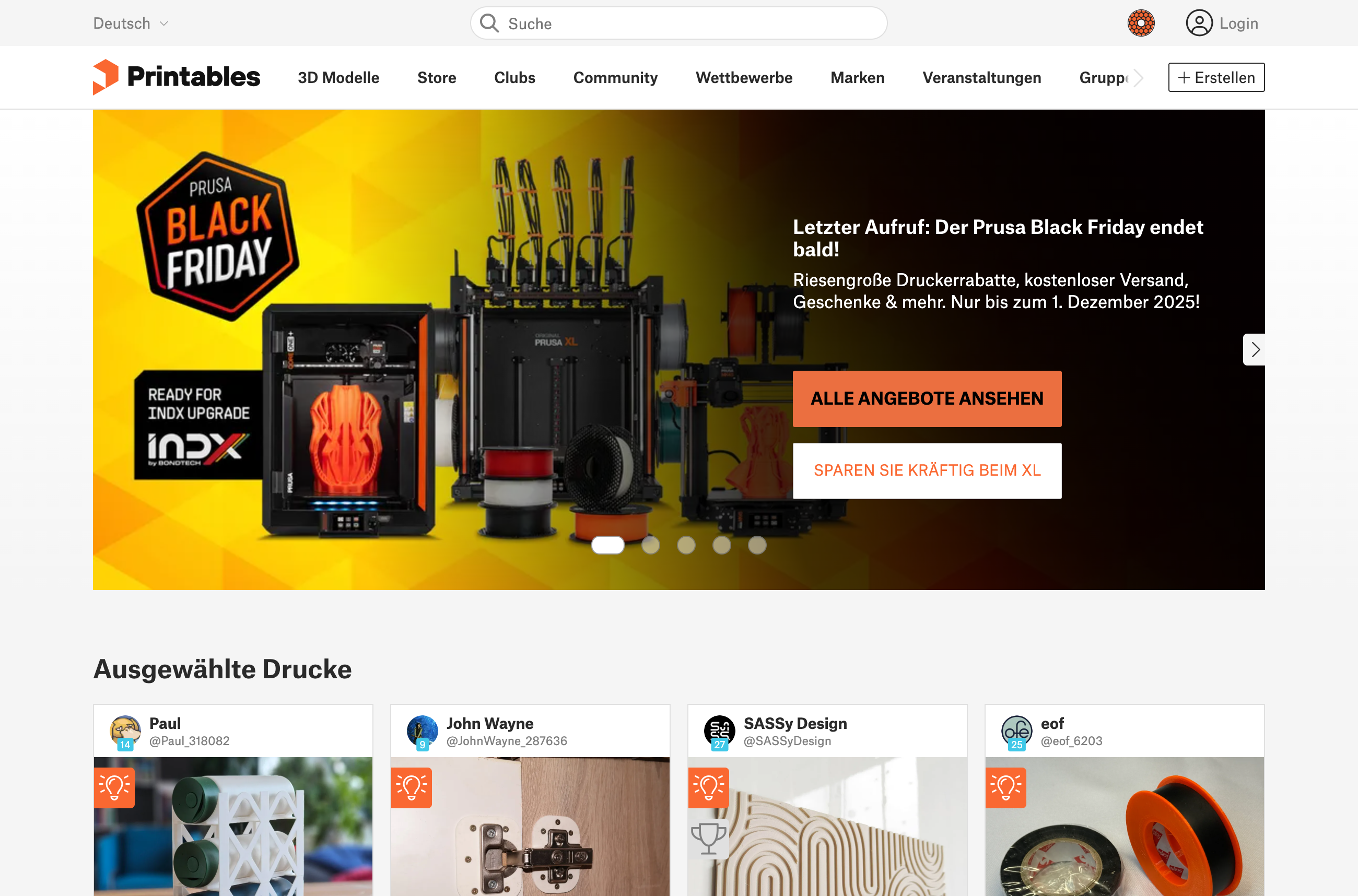 Landing Page von "printables.com", welche verschiedenste Optionen von 3D Modellen an sich bis hin zu Wettbewerben oder Veranstaltungen bietet. 