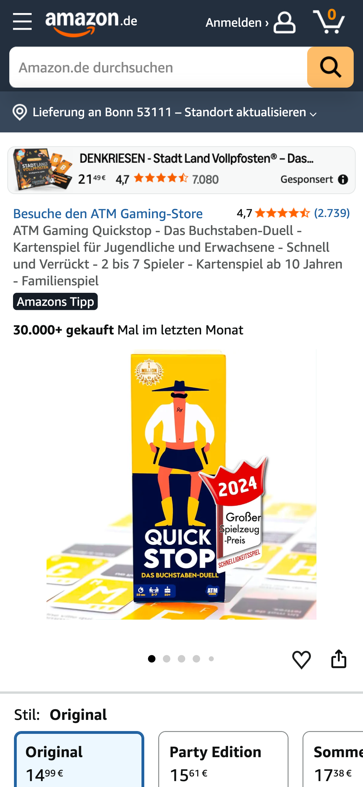Kartenspiel Quickstop von ATM Gaming auf Amazon mit Bestseller Hinweis und Verkaufszahlen