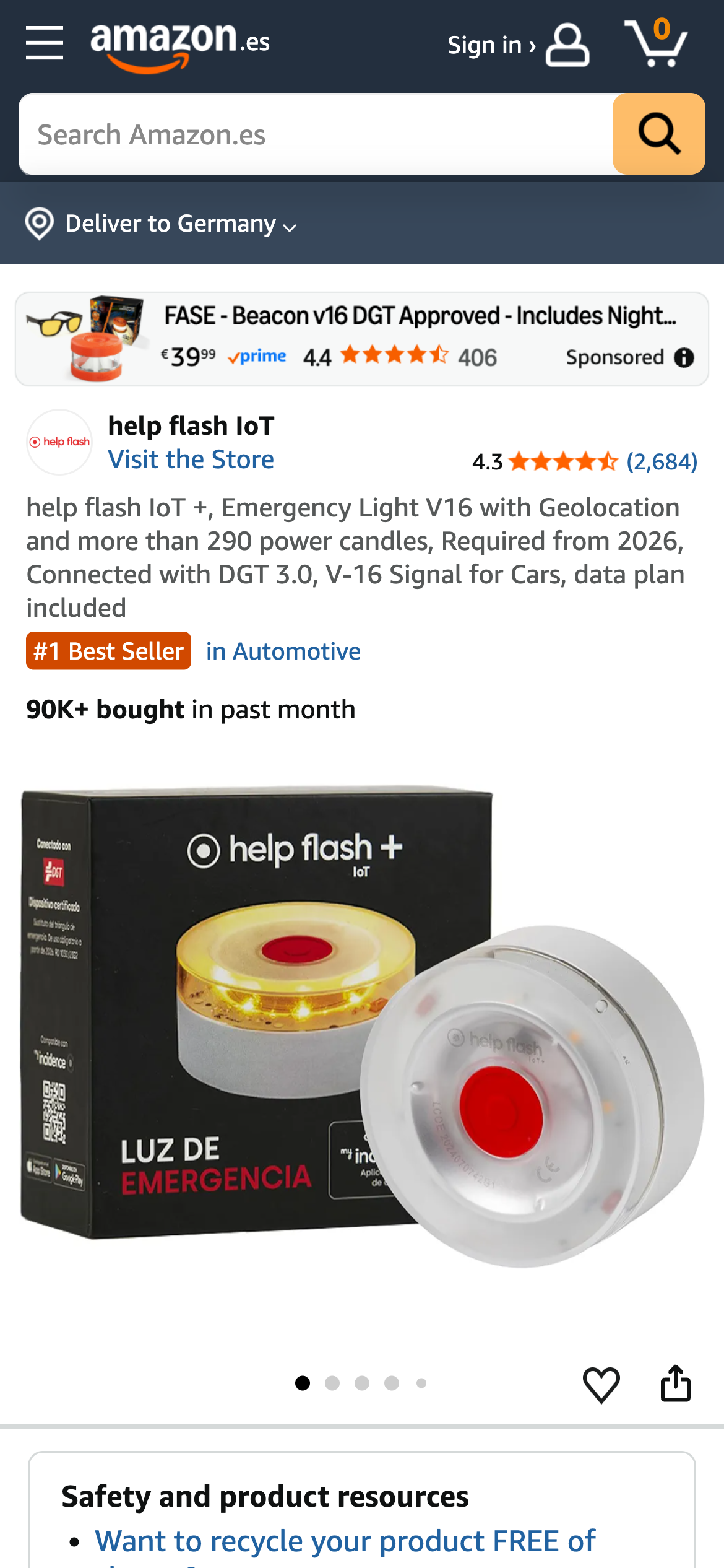 Amazon Spanien Produktseite Notfallleuchte help flash IoT