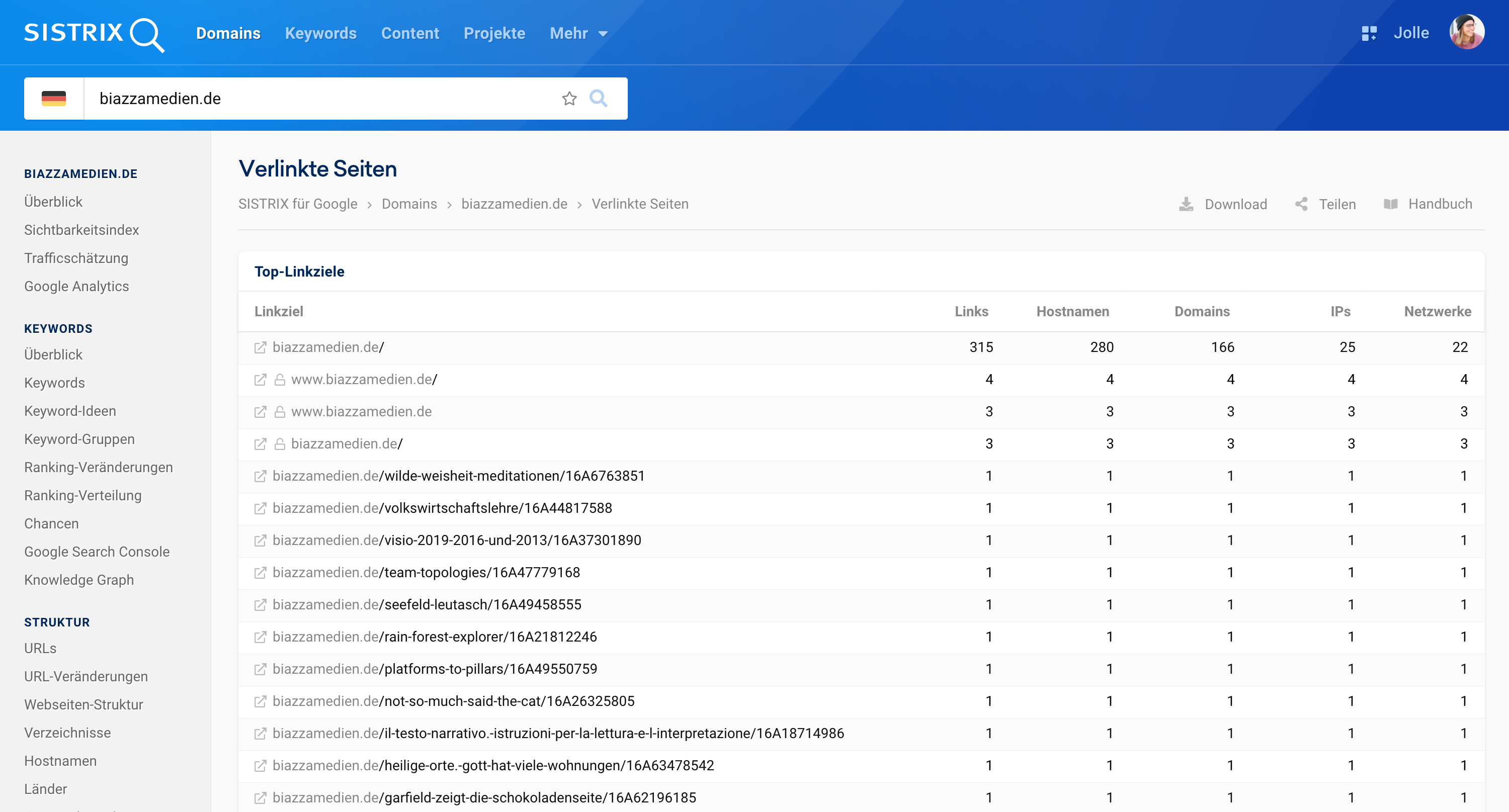 SISTRIX-Daten-Tabelle "Verlinkte Seiten" für die Domain biazzamedien.de. Sie zeigt, dass der Großteil der externen Links (147 Stück) auf die Startseite verweist, während spezifische Unterseiten nur einzelne Links erhalten.