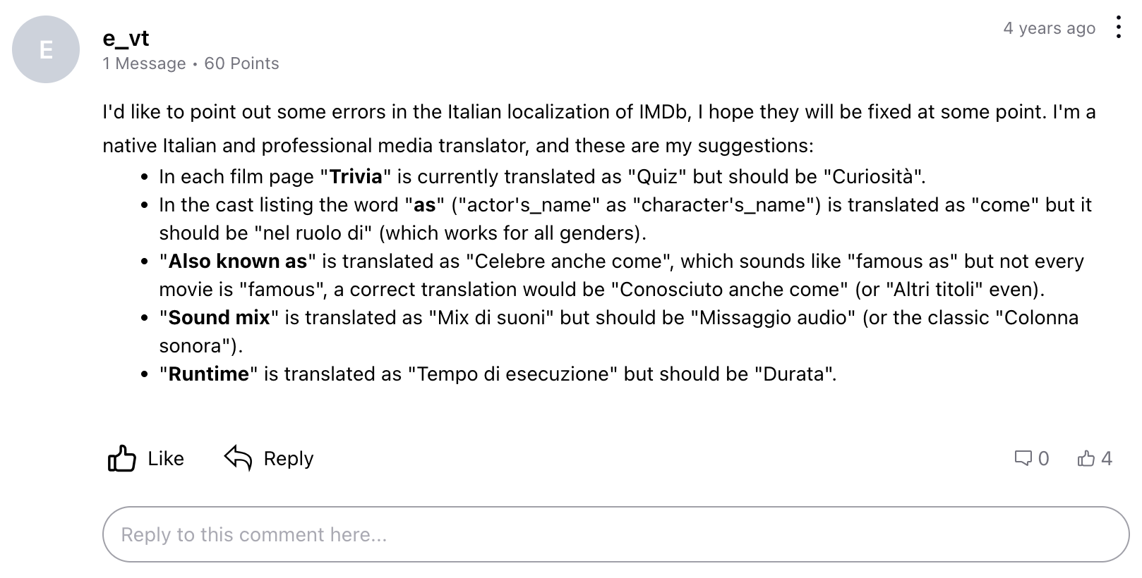 Screenshot eines Nutzerkommentars. Ein User korrigiert Übersetzungsfehler in der italienischen Lokalisierung der IMDB.