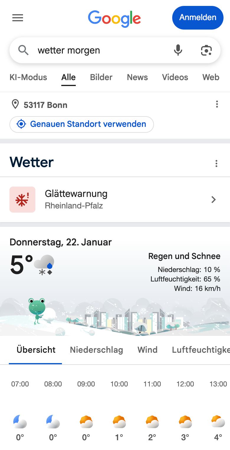 Screenshot einer mobilen Google-Suchergebnisseite (SERP) für [wetter morgen]. Das Google-eigene Wetter-Widget nimmt den gesamten sichtbaren Bereich „above the fold“ ein.