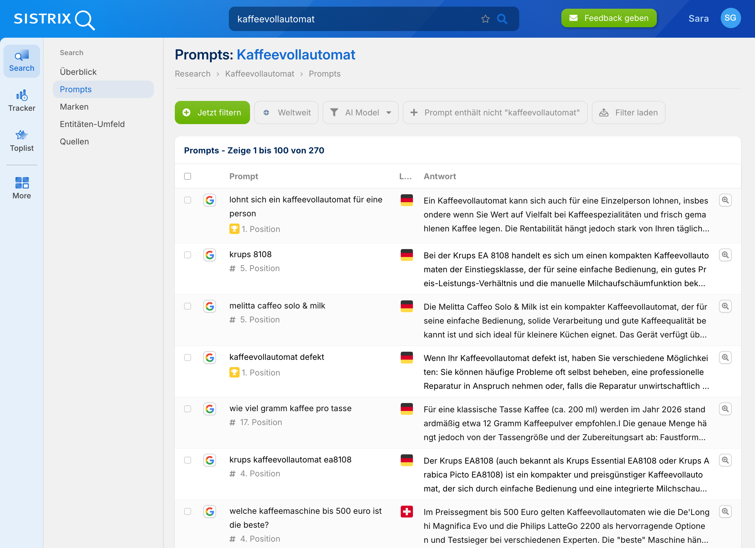 Promptanalyse für "Kaffeevollautomat".