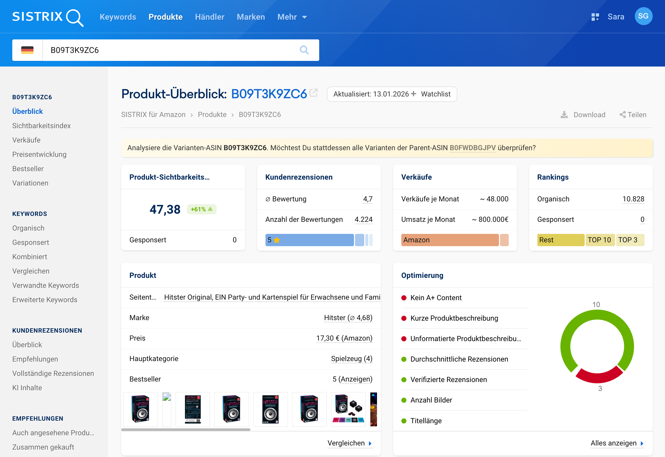 Übersicht des Kartenspiels "Hitster" auf SISTRIX für Amazon.