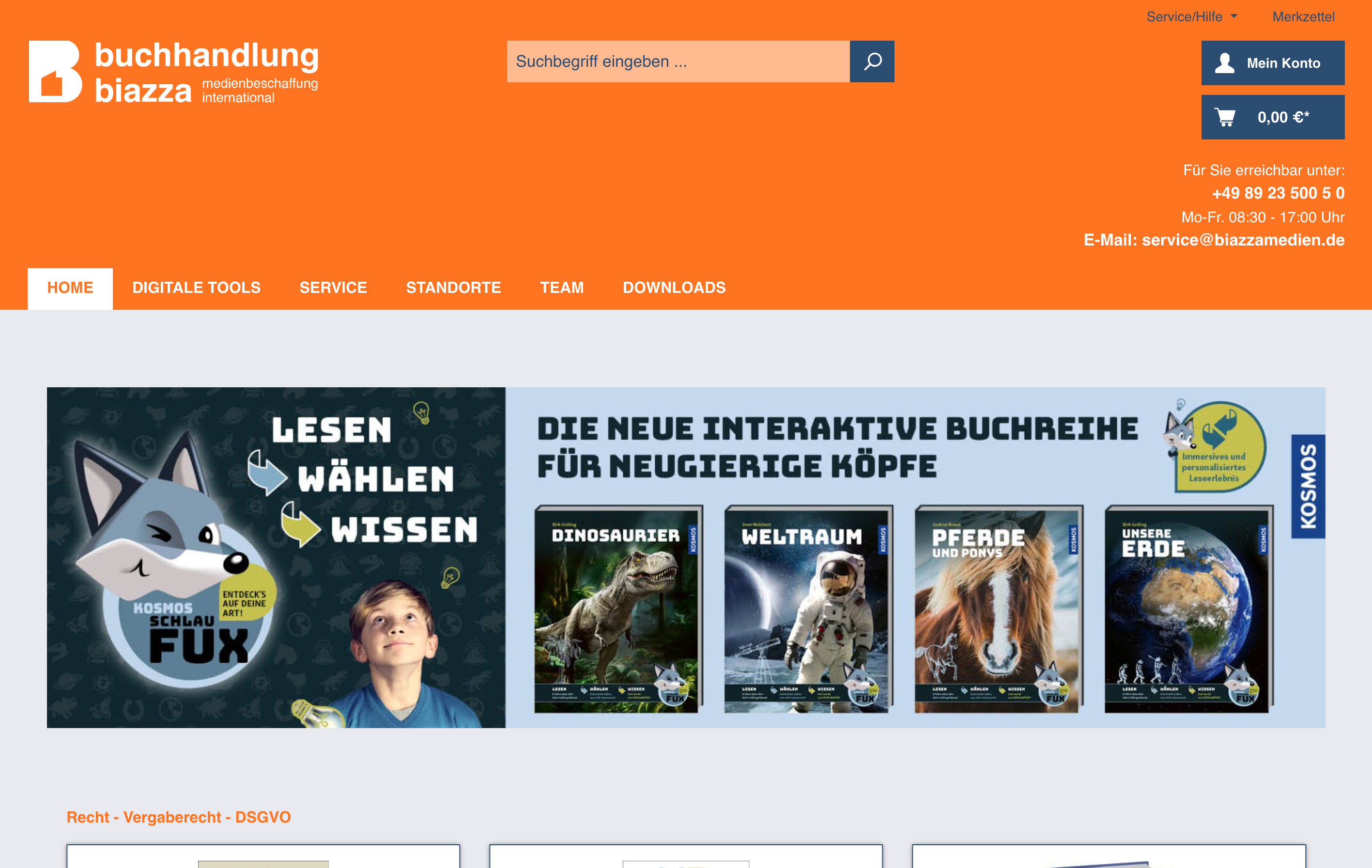 Screenshot der Startseite von "buchhandlung biazza" mit einem Banner sowie weiteren Teasern zu Buchreihen und Produktkacheln für Fachbücher.