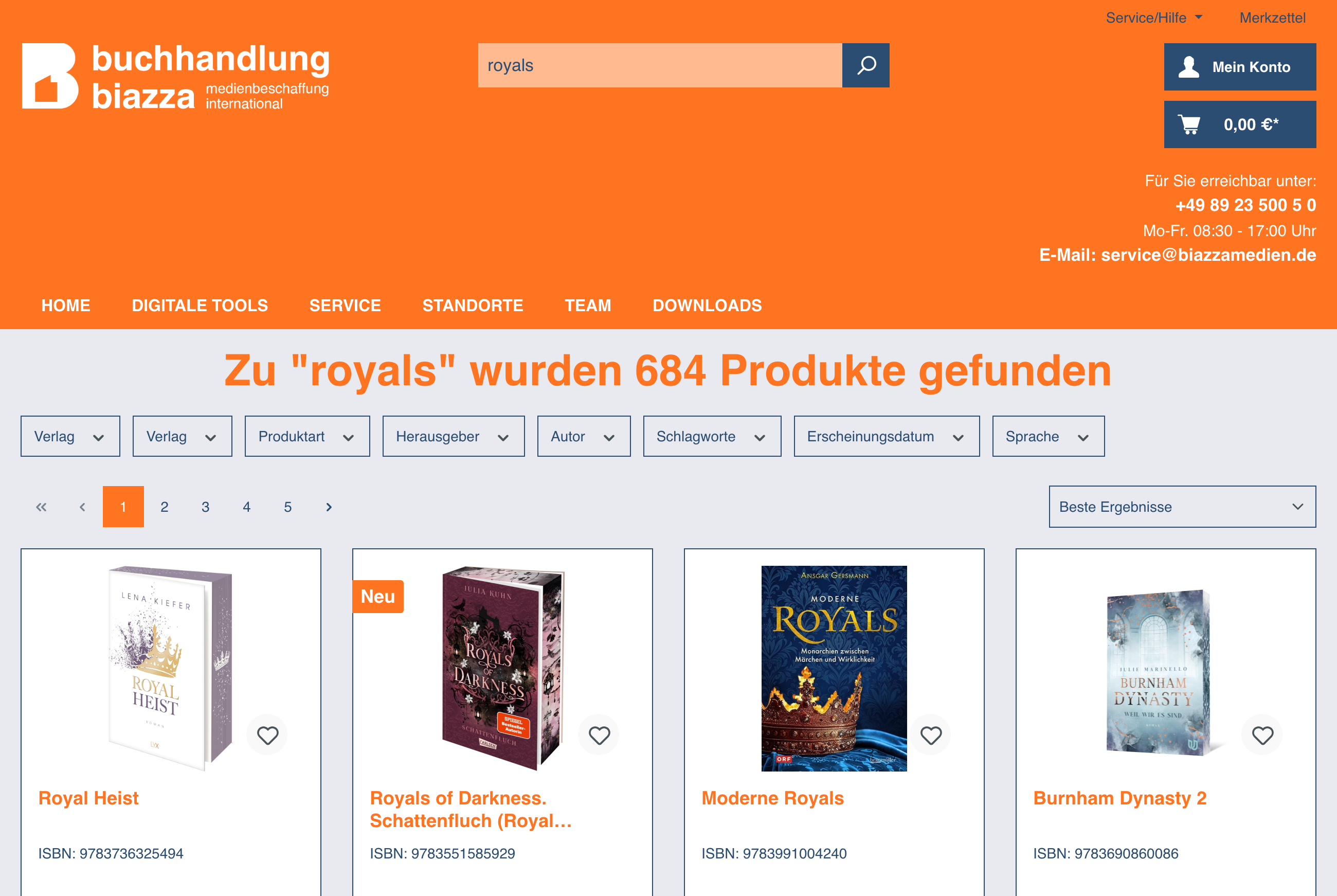 Screenshot einer Suchergebnisseite auf "buchhandlung biazza" für den Begriff "royals". Es werden 685 Produkte angezeigt, darunter Romane mit Cover-Abbildungen wie "Royal Heist" und "Royals of Darkness".