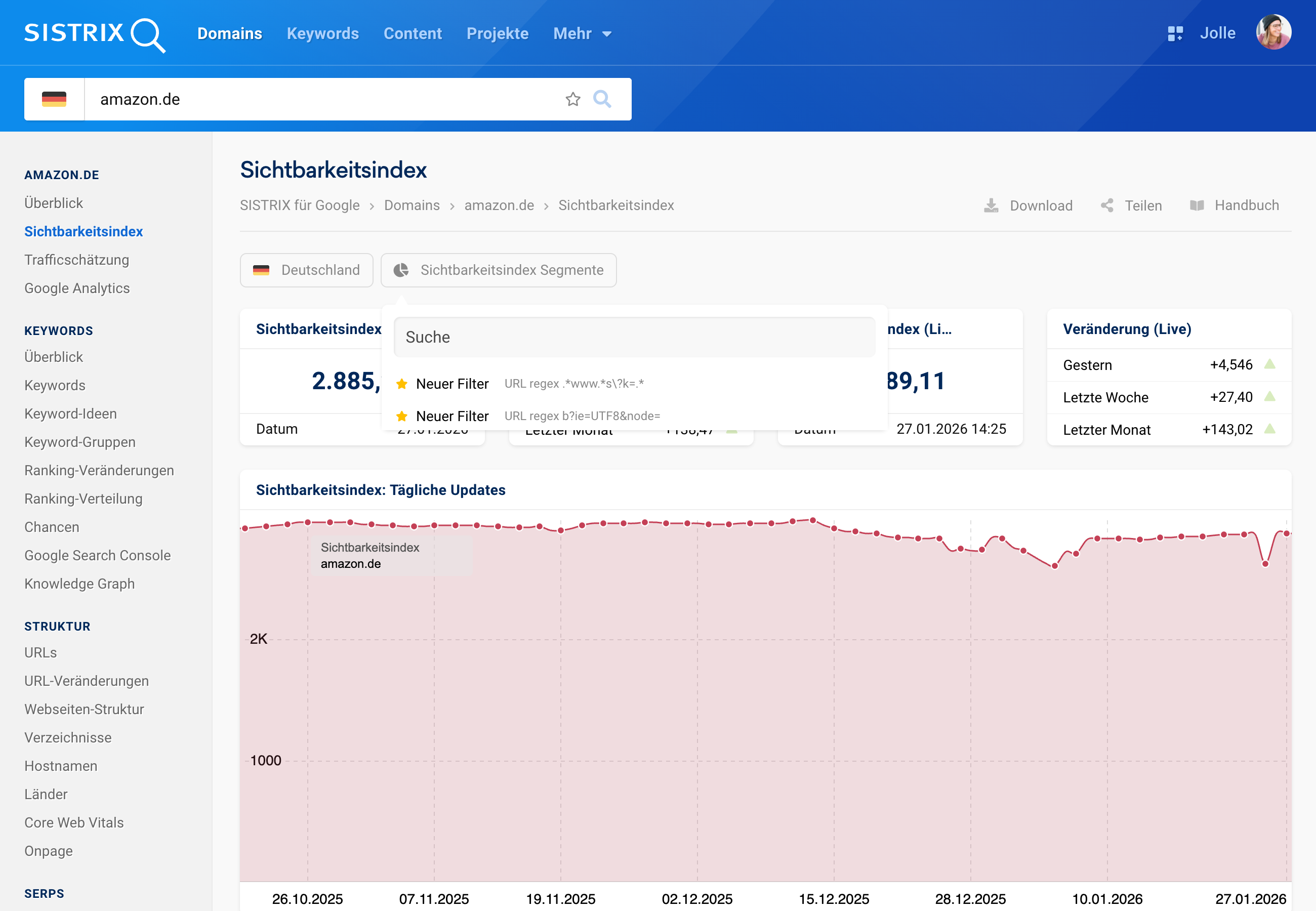 Screenshot der SISTRIX-Softwareoberfläche. Ein Dropdown-Menü schlägt Segmentfilter für die Amazon-Analyse vor, darunter Filter für Produktseiten (/dp/) und Suchparameter (s?k=).