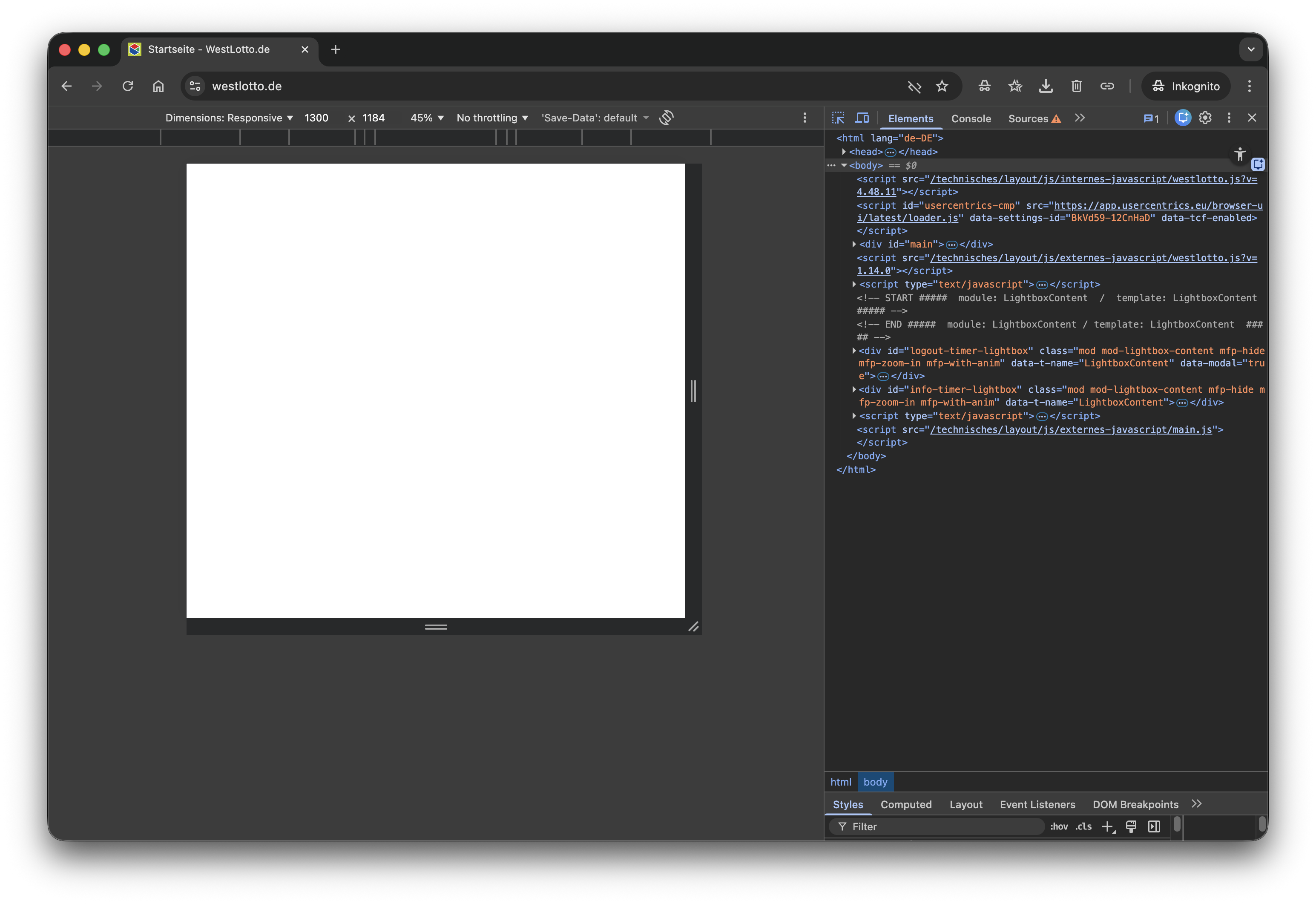 Die Startseite von westlotto.de im Browser ist komplett weiß.