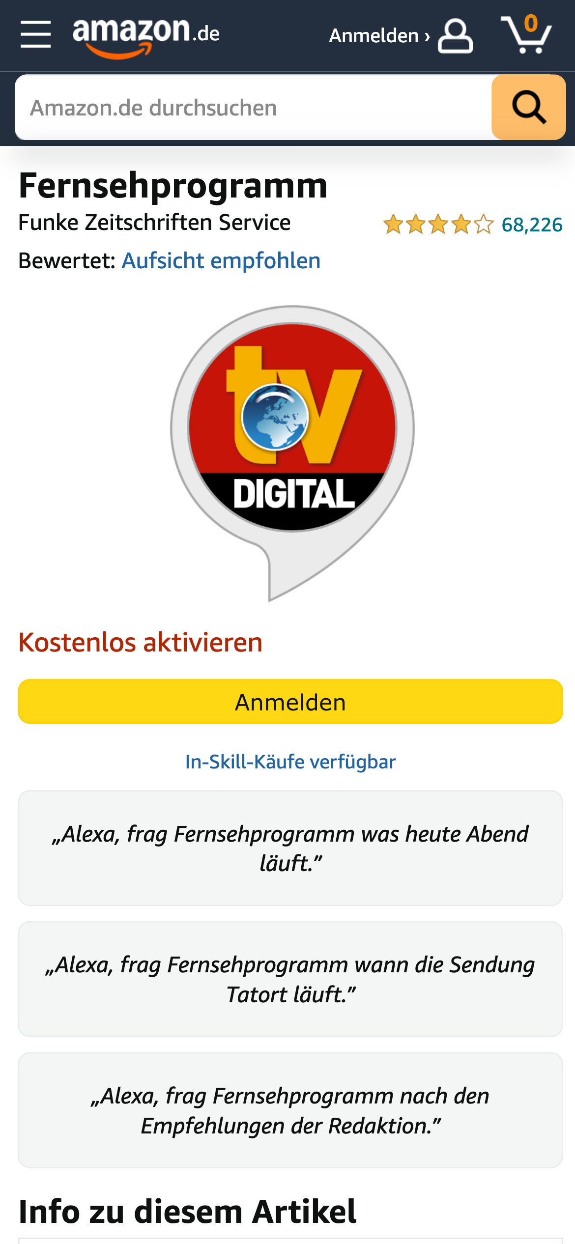 Screenshot einer Amazon-Produktseite für den Alexa Skill "Fernsehprogramm" von TV DIGITAL. Zu sehen sind das Logo, ein gelber Button "Anmelden" sowie Beispielbefehle für die Sprachsteuerung.