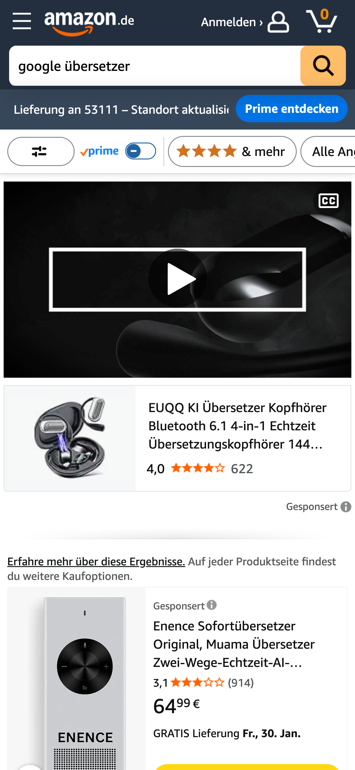 Screenshot von Amazon-Suchergebnissen für "google übersetzer". Anstelle der Software werden physische Übersetzungsgeräte (Hardware) von Marken wie "Timekettle" und "Enence" zum Kauf angeboten.