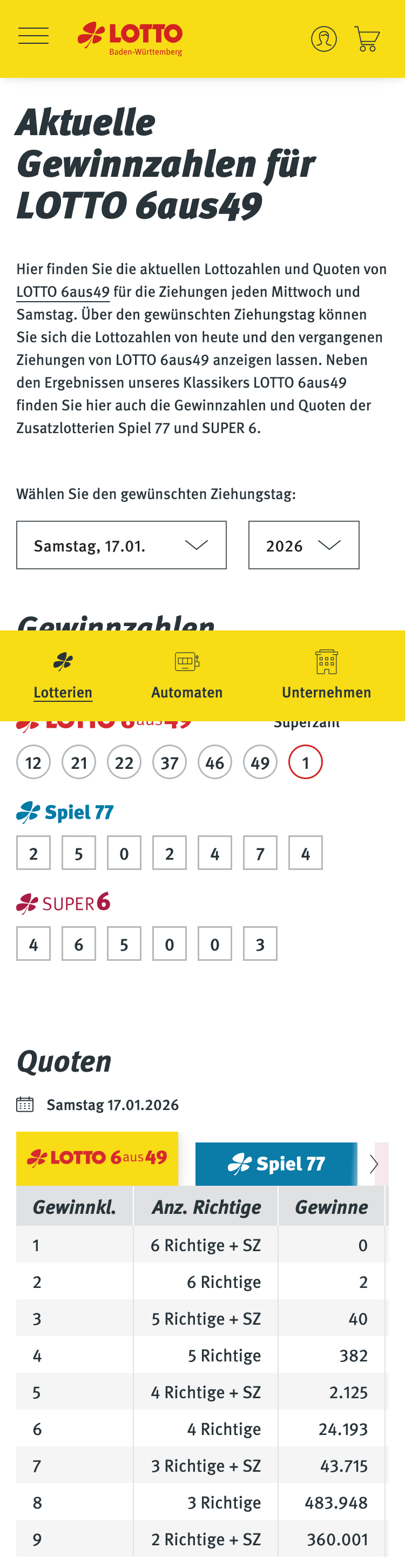 Die mobilen Versionen der 6aus49-Lottozahlen-URLs von Lotto Sachsen-Anhalt, Lotto.de, westlotto.de und lotto-bw.de in der Zusammenschau. Die drei hinteren Angebote haben mehr visuelle Elemente wie Videos der Ziehung, Bilder oder die Visualisierun eines Spielscheins.