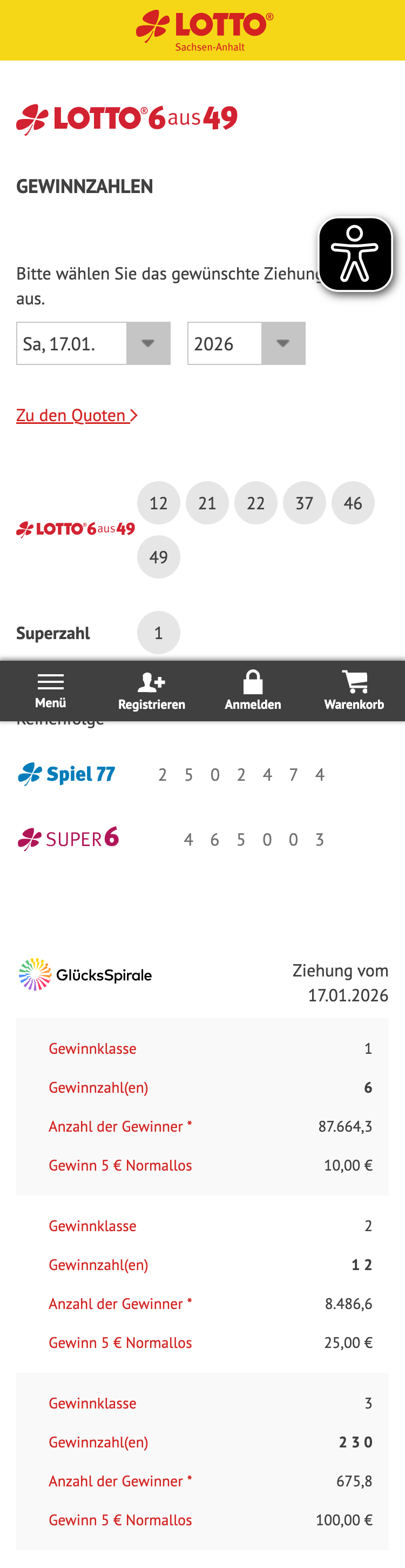 Die mobilen Versionen der 6aus49-Lottozahlen-URLs von Lotto Sachsen-Anhalt, Lotto.de, westlotto.de und lotto-bw.de in der Zusammenschau. Die drei hinteren Angebote haben mehr visuelle Elemente wie Videos der Ziehung, Bilder oder die Visualisierun eines Spielscheins.