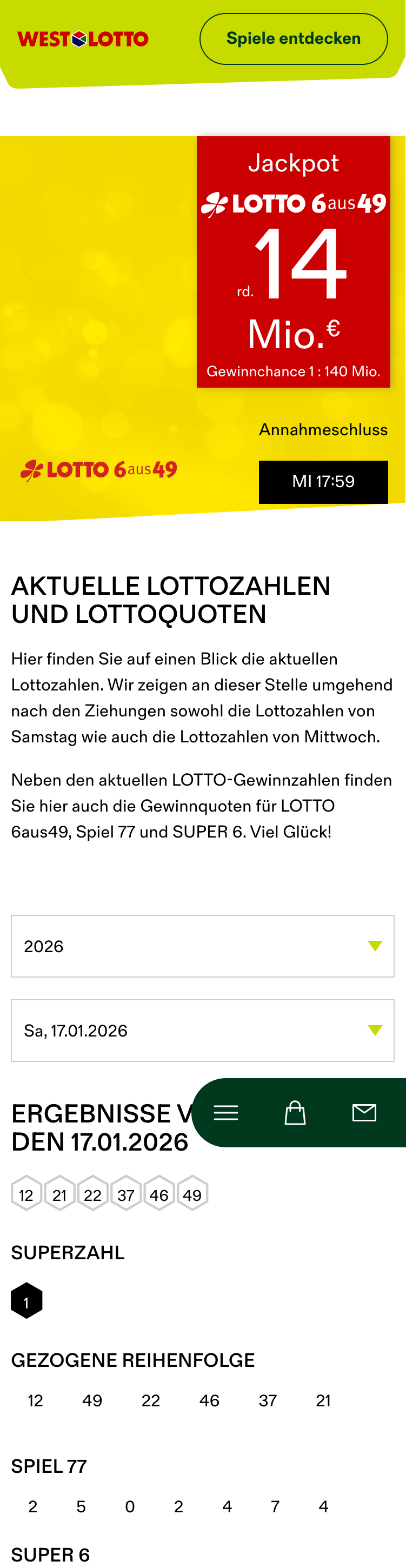 Die mobilen Versionen der 6aus49-Lottozahlen-URLs von Lotto Sachsen-Anhalt, Lotto.de, westlotto.de und lotto-bw.de in der Zusammenschau. Die drei hinteren Angebote haben mehr visuelle Elemente wie Videos der Ziehung, Bilder oder die Visualisierun eines Spielscheins.