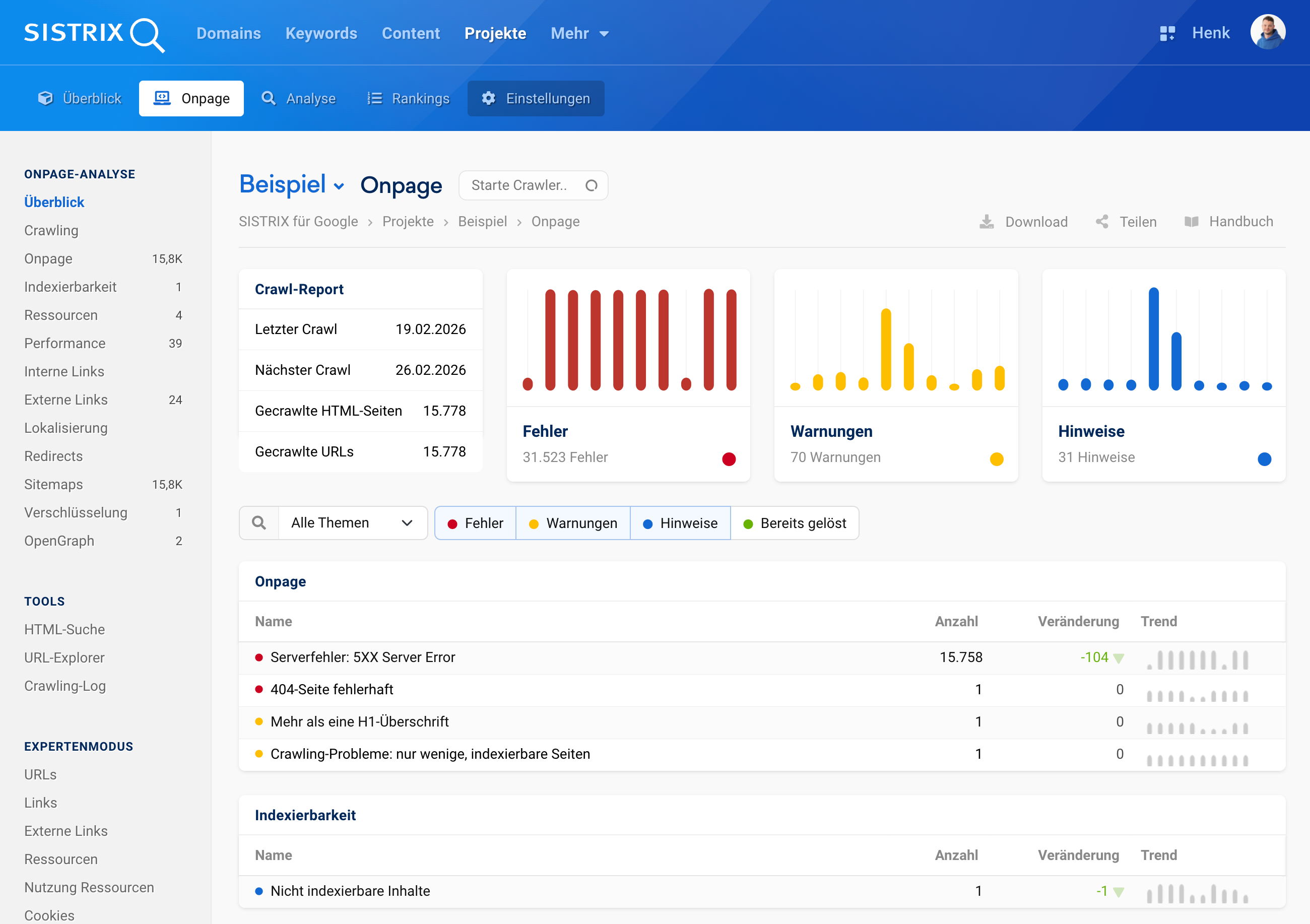 SISTRIX Onpage-Analyse: Projekt-Dashboard mit Crawl-Report, Fehler-, Warnungen- und Hinweise-Übersicht, detaillierter Liste technischer Issues und Indexierbarkeits-Status sowie Navigationsmenü für verschiedene Analysebereiche.