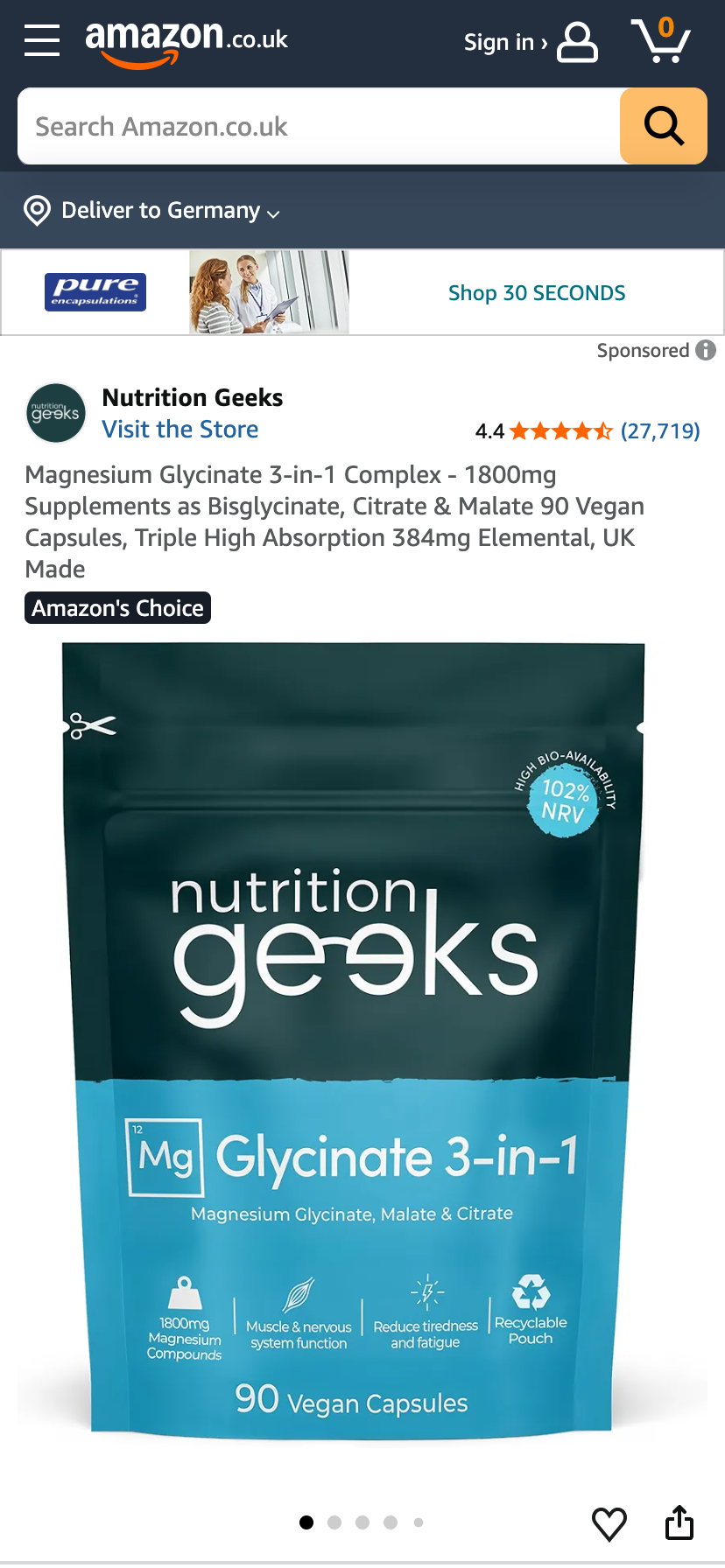 Magnesium-Nahrungsergänzungsmittel von Nutrition Geeks auf Amazon Großbritannien mit Amazon's Choice Hinweis und Verkaufszahlen.
