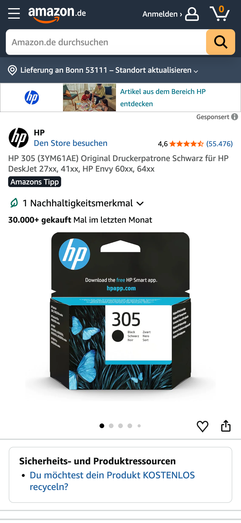 Schwarze Druckerpatronen von HP auf Amazon mit Amazons Tipp Hinweis und Verkaufszahlen.