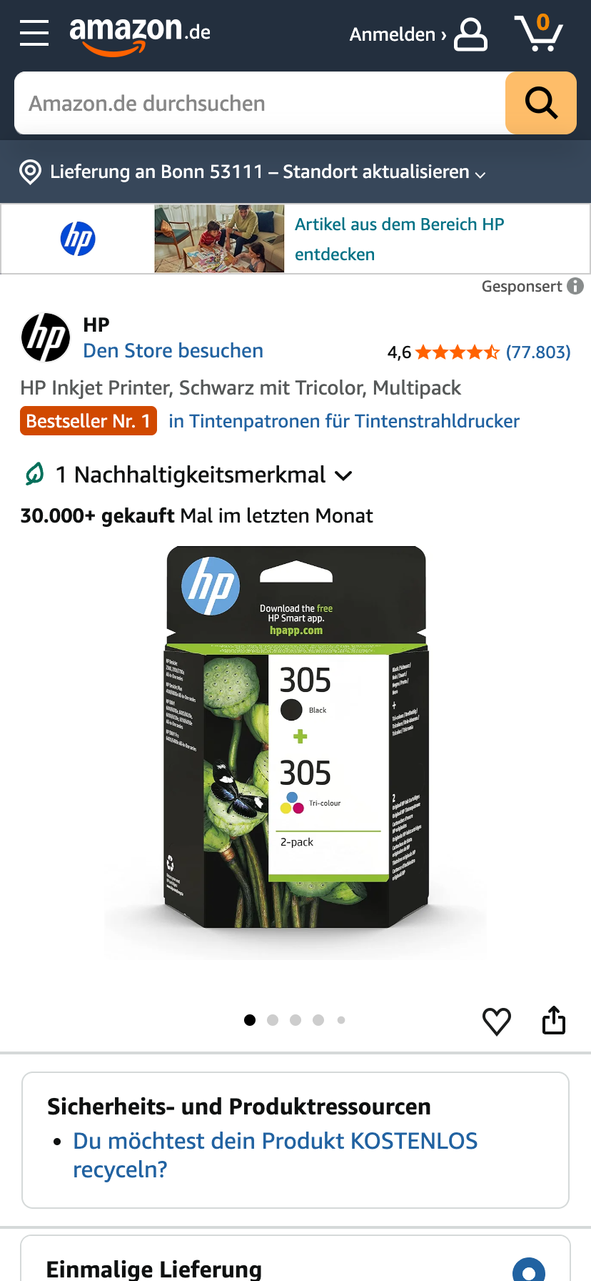 HP Inkjet Printe Multipack auf Amazon mit Bestseller Hinweis und Verkaufszahlen.