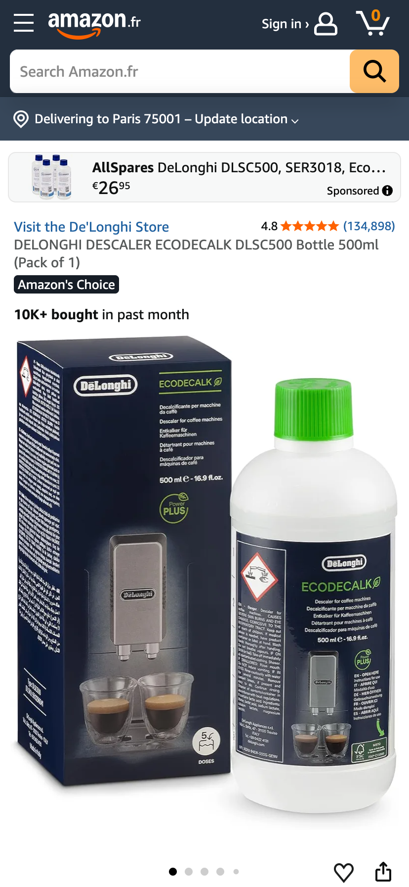 Entkalker von De’Longhi auf Amazon Frankreich mit Amazon's Choice Hinweis und Verkaufszahlen.