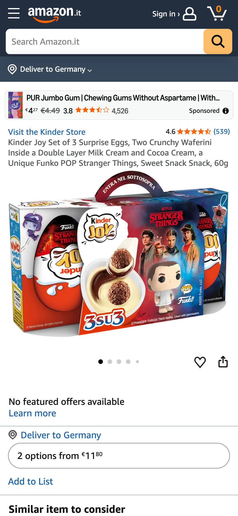 Dreierpacks der “Kinder Joy”-Eier mit Süßigkeit und “Stranger Things”-Überraschung auf Amazon Italien.