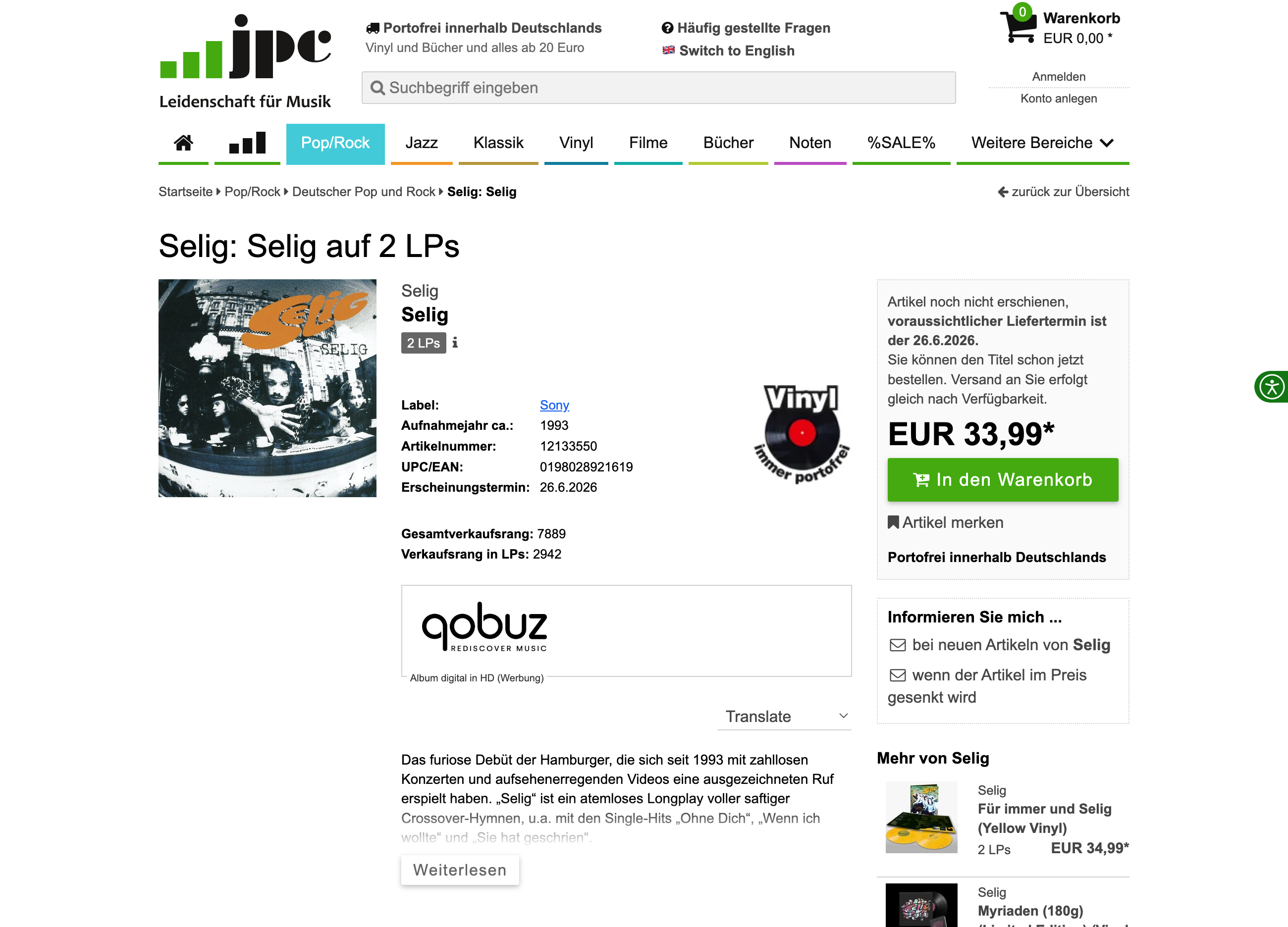 Kaufangebot der Schallplatte "Selig: Selig auf 2 LPs" im Pop/Rock-Bereich der Seite jpc.de.