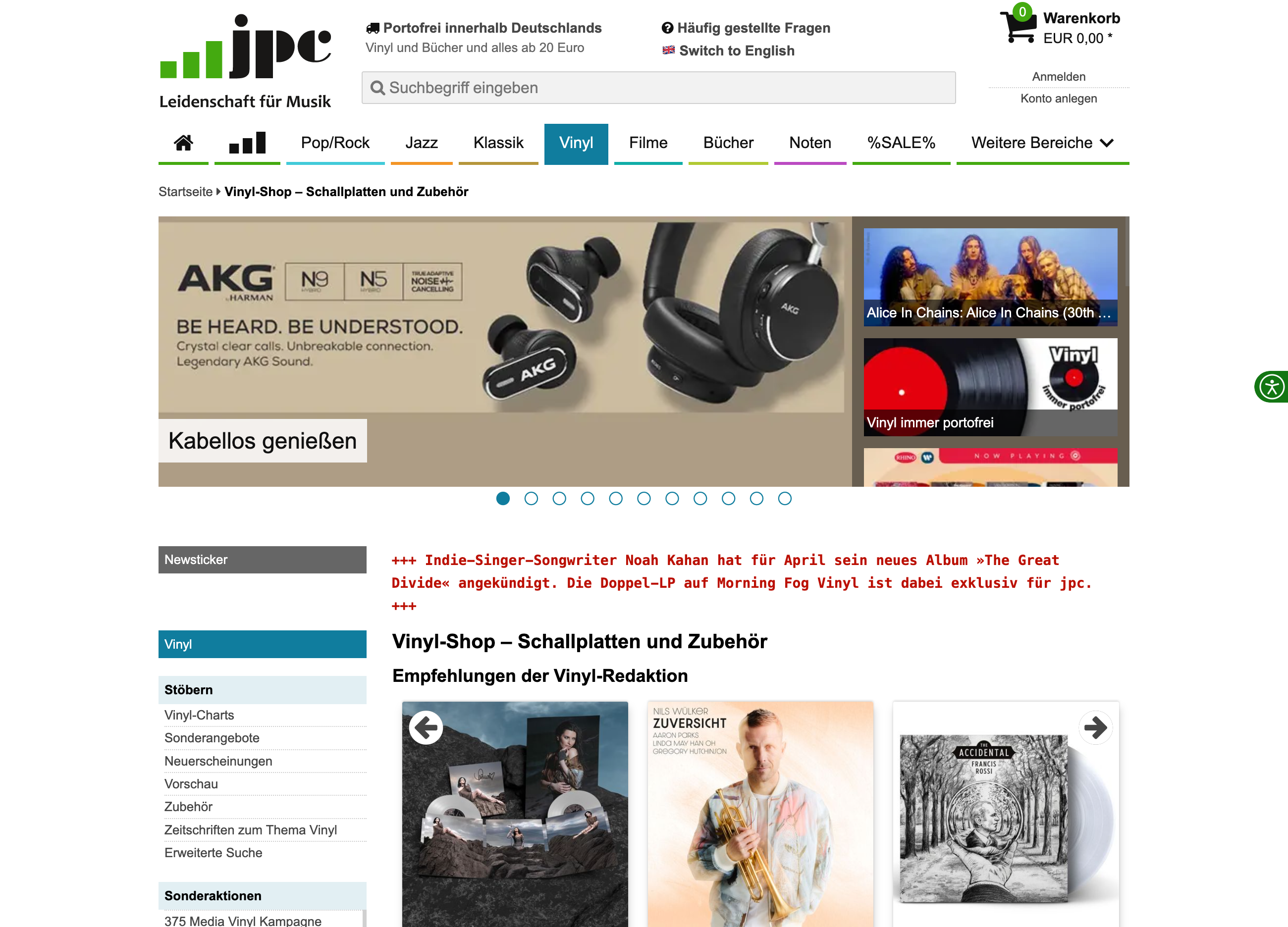 Vinyl-Bereich der Seite jpc.de.