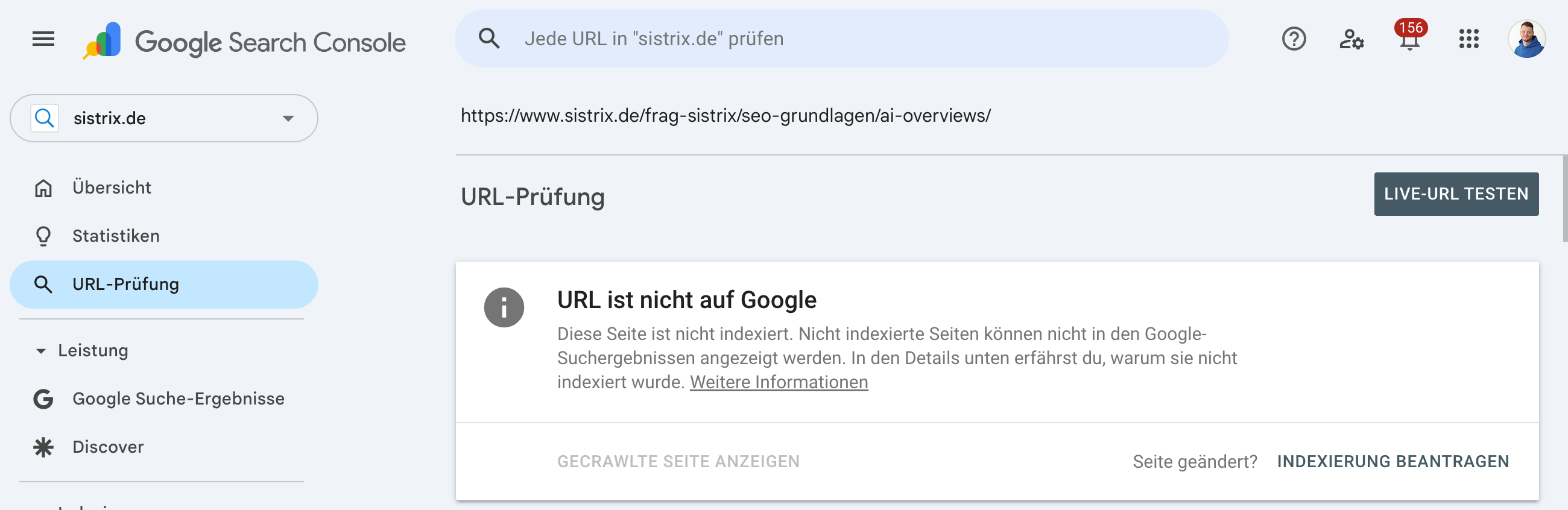Beispiel einer URL Prüfung in der Google Search Console, die nicht indexiert ist.