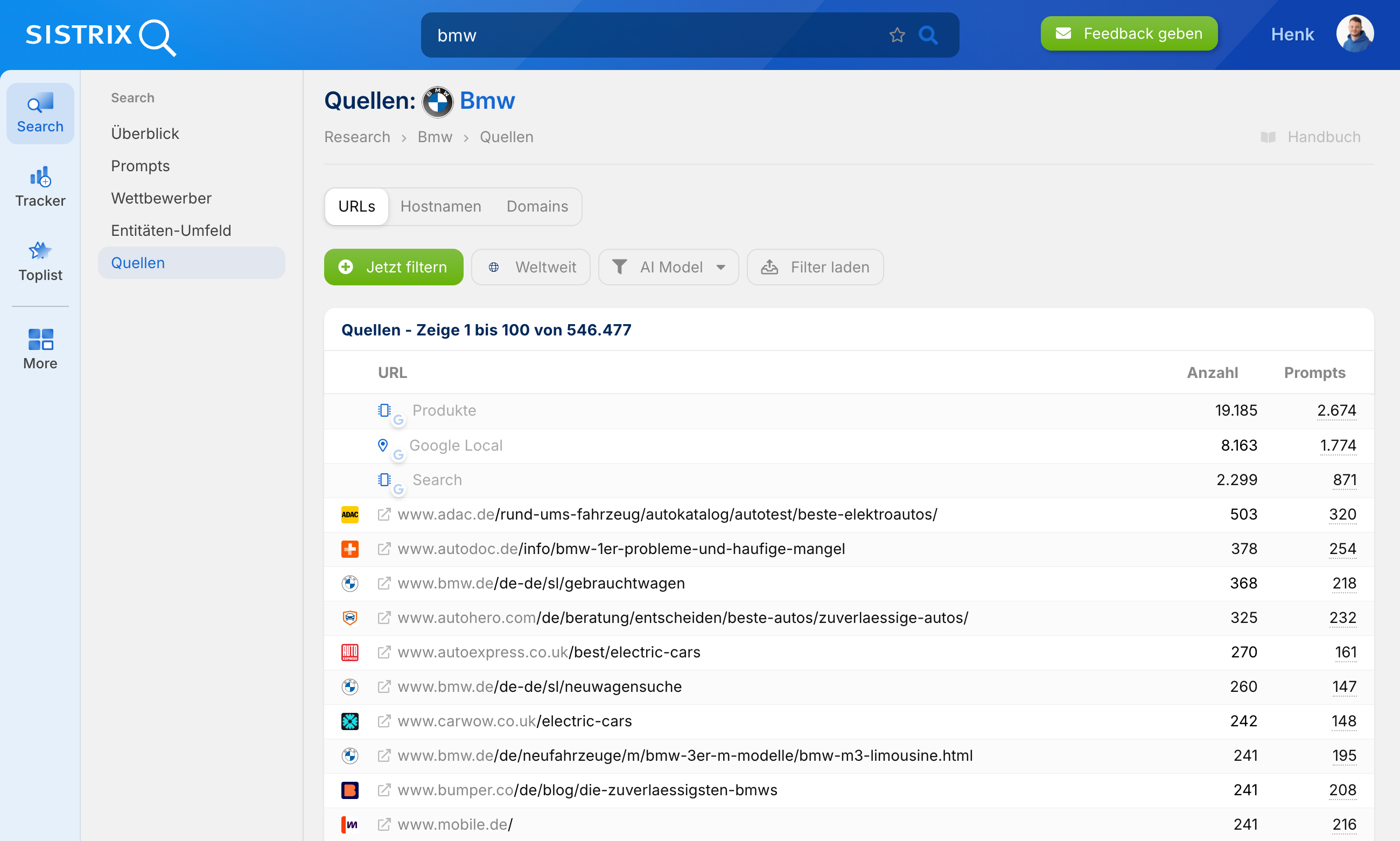 SISTRIX URL-Übersicht für BMW mit 546.477 Quellen: Produktseiten, Google Local und Automotive-Websites dominieren die Liste