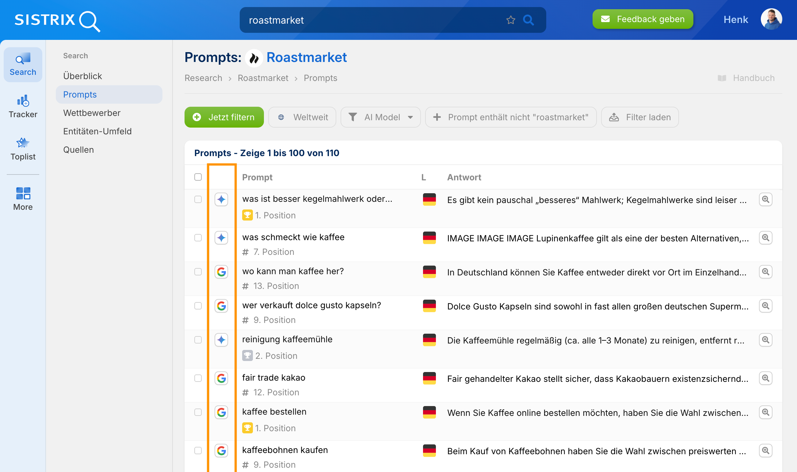 SISTRIX Prompts-Ansicht: Hervorgehobene AI Model-Spalte mit AI-Icons zeigt aus welchem AI Modell Prompt und Antwort stammen. 