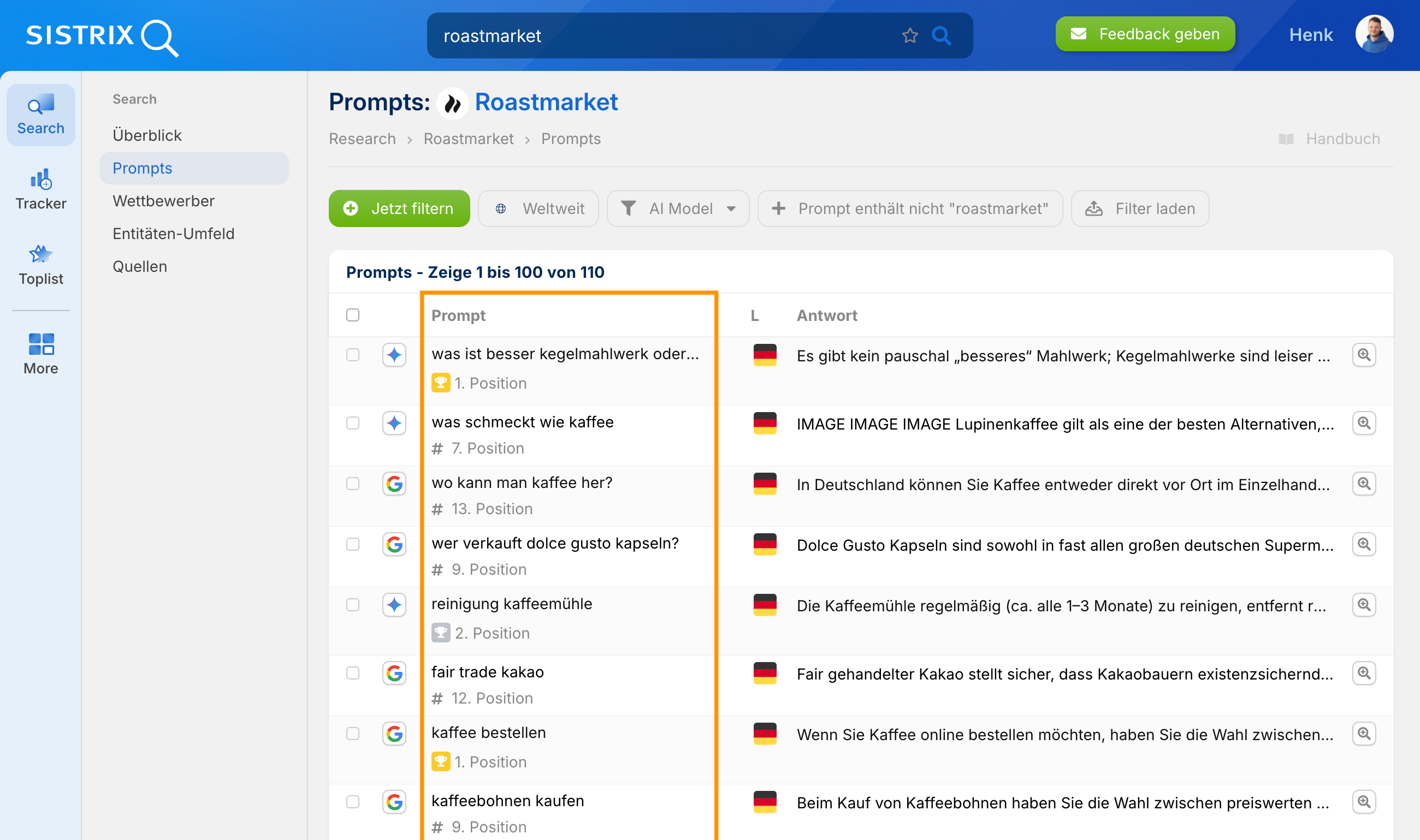 SISTRIX Prompts-Tabelle: Hervorgehobene Prompt-Spalte zeigt Nutzeranfragen mit zugehöriger Position im Ranking.