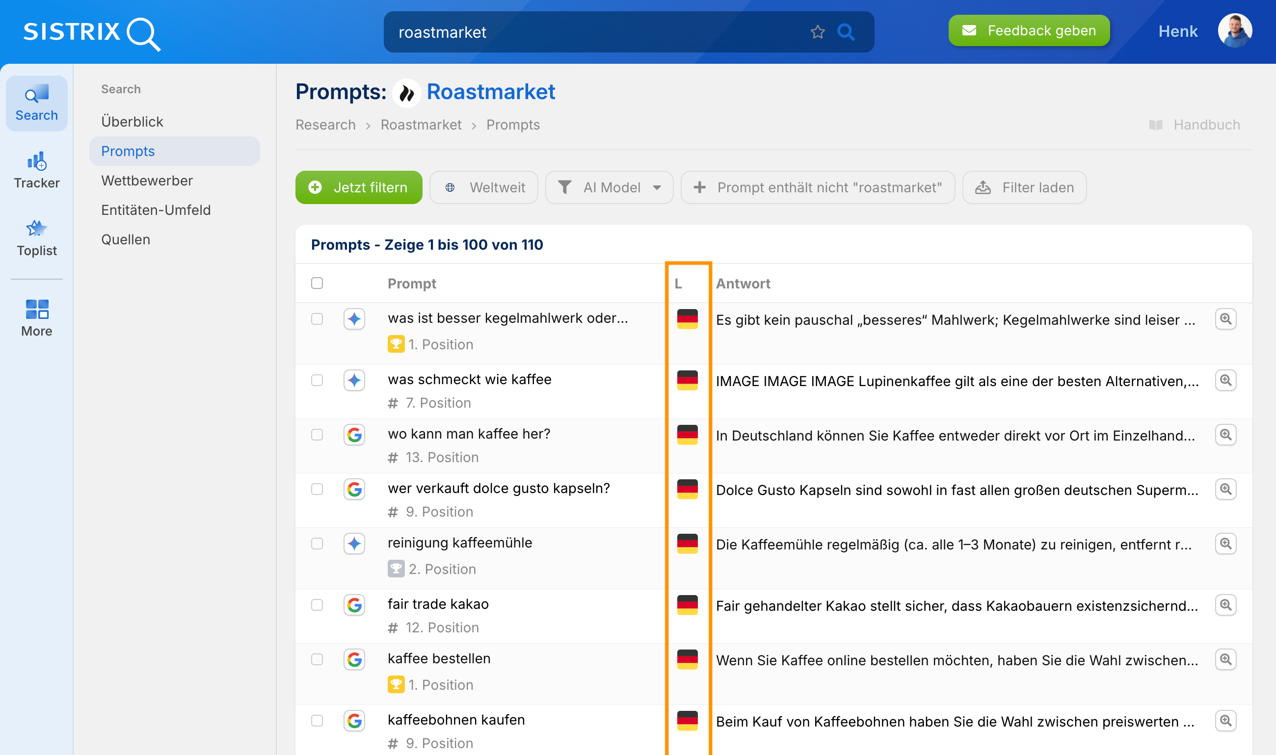 SISTRIX Prompts-Ansicht: Hervorgehobene Länder-Spalte mit Flaggen zeigt geografische Herkunft der Prompts.