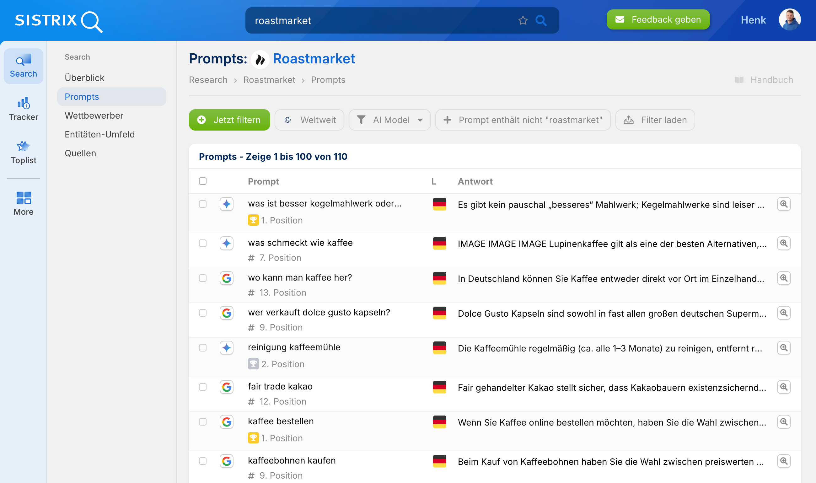 SISTRIX Prompts-Übersicht für Roastmarket: Tabelle mit AI-Prompts, Position und AI-Antworten, filterbar nach Modell und enthaltenen Begriffen.
