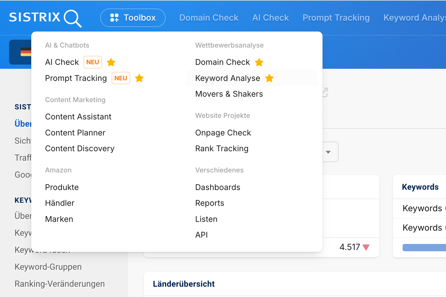 Screenshot der SISTRIX-Benutzeroberfläche mit geöffnetem 'Toolbox'-Dropdown-Menü.