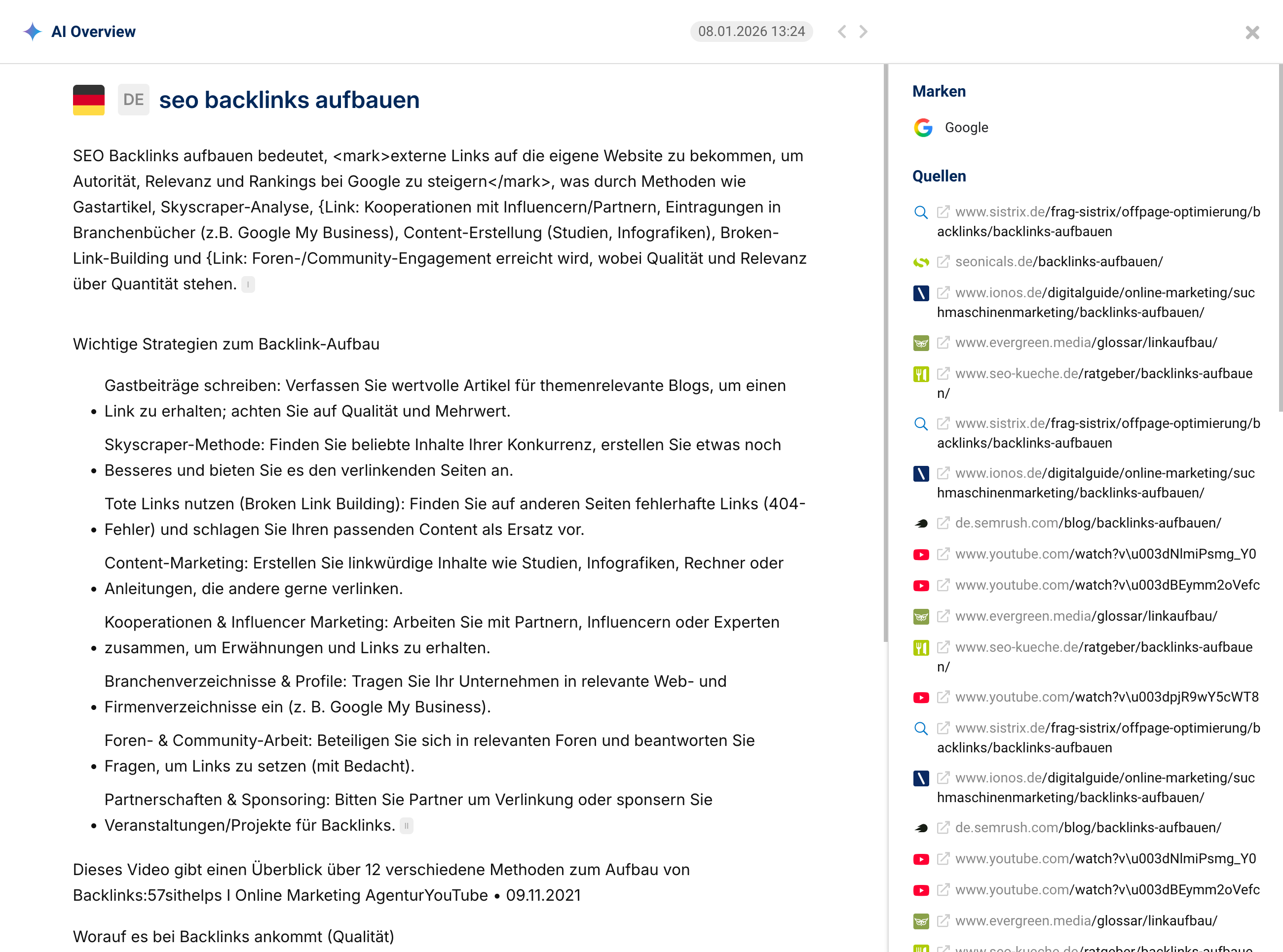 Screenshot einer Google AI Overview Analyse in SISTRIX zum Suchbegriff „seo backlinks aufbauen“. Links ist die KI-generierte Antwort mit Strategien dargestellt, rechts eine Liste der von Google verwendeten Quellen und Marken.