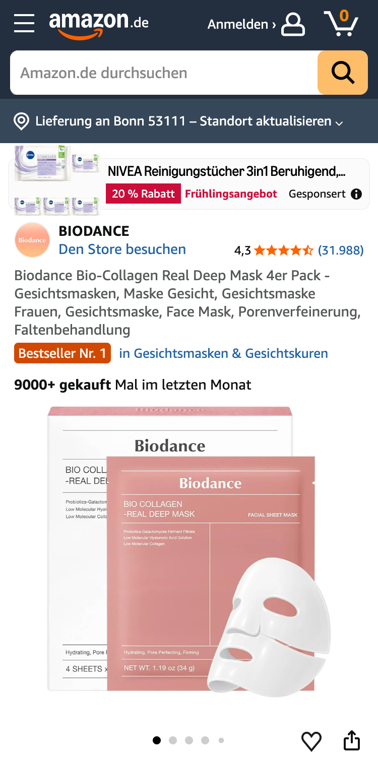 Gesichtsmaske von Biodance auf Amazon.de mit dem Kennzeichen "Bestseller Nr.1" in Gesichtsmasken und Gesichtskuren und einer Verkaufszahl von 9.000+ innerhalb des letzten Monats. 