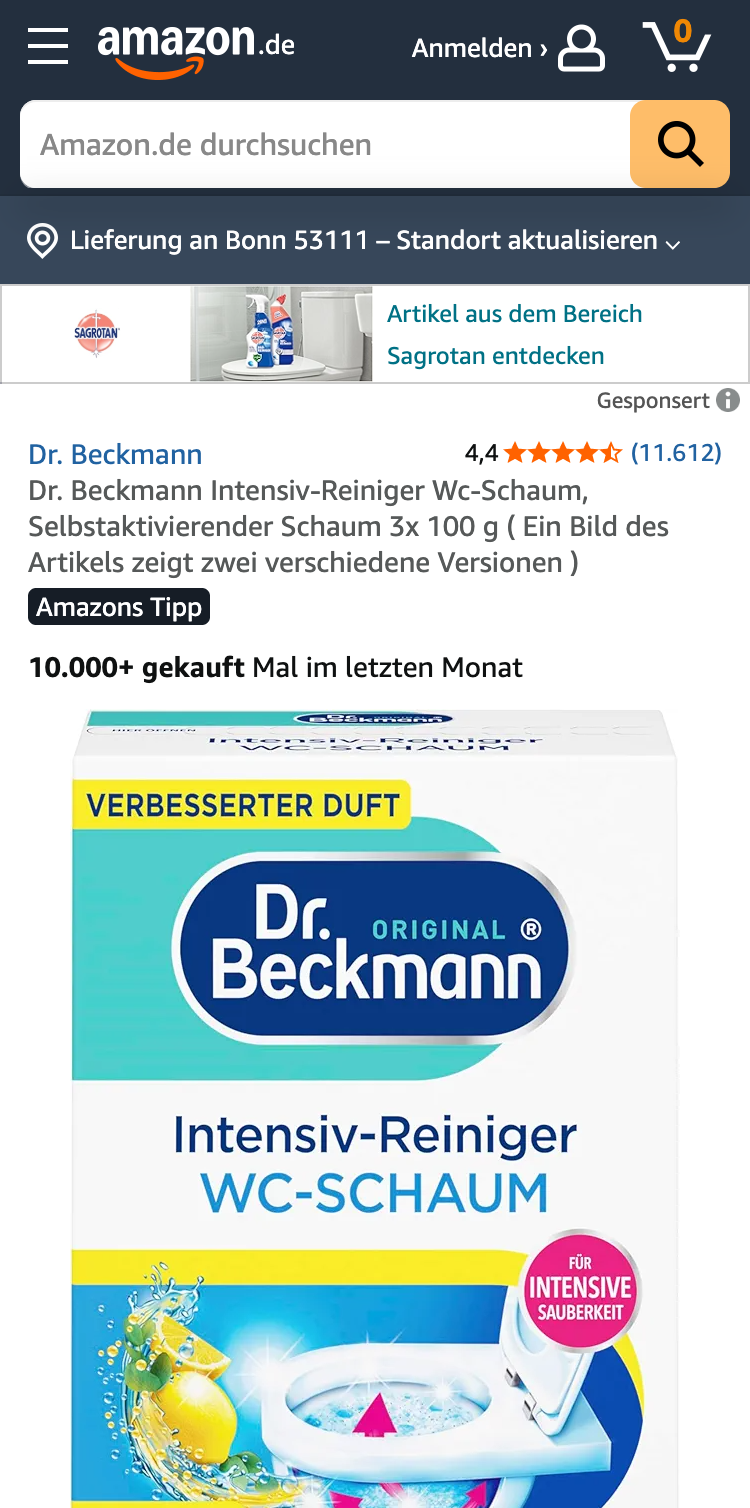 WC Intensiv-Reiniger von Dr. Beckmann auf Amazon.de mit dem Kennzeichen "Amazons Tipp" und einer Verkaufszahl von 10.000+ innerhalb des letzten Monats. 