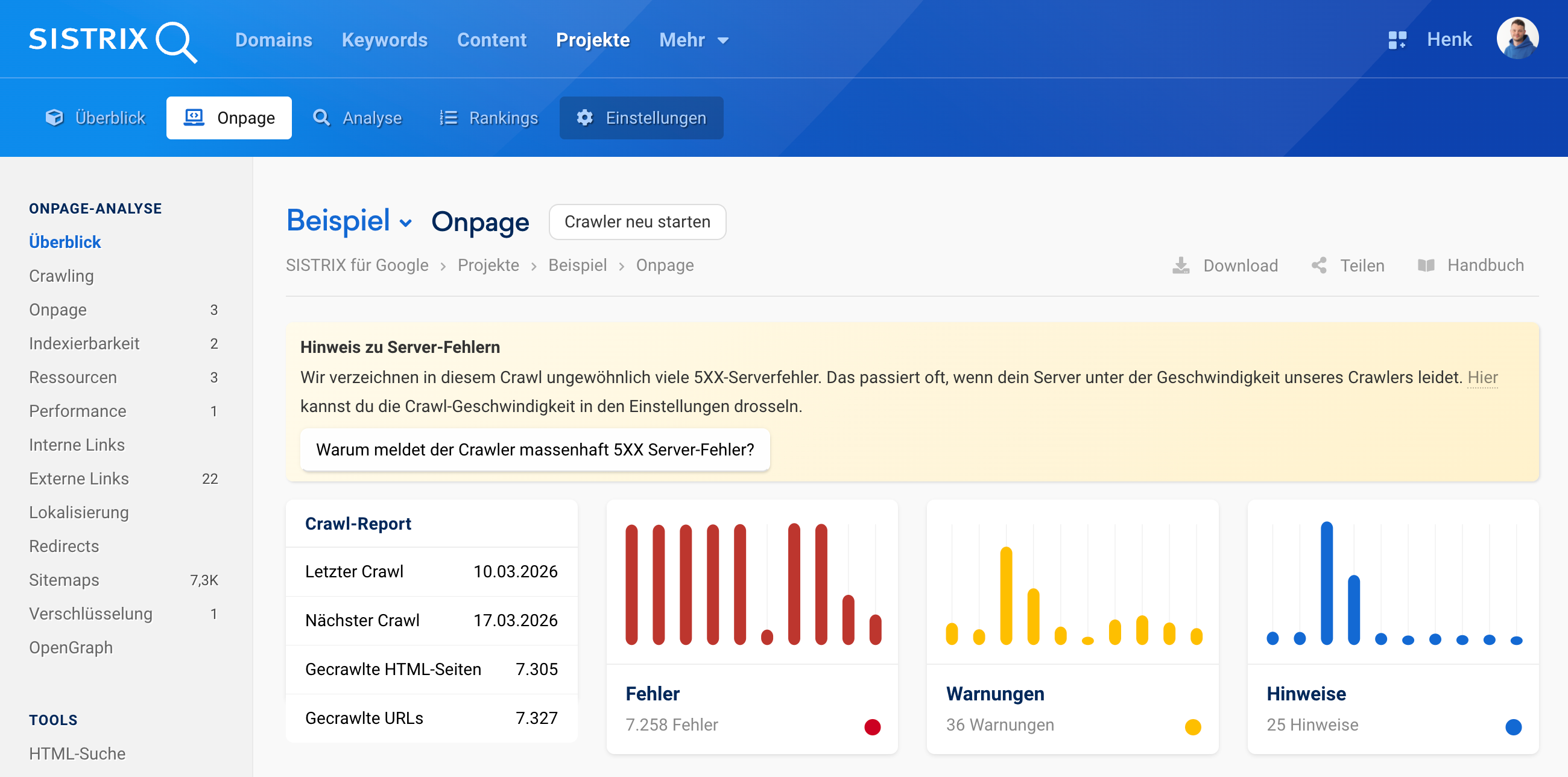 SISTRIX Onpage-Übersicht: Zeigt Hinweis zu Server-Fehlern (5XX), Crawl-Report mit Datum und Statistiken sowie Balkendiagramme für Fehler, Warnungen und Hinweise.