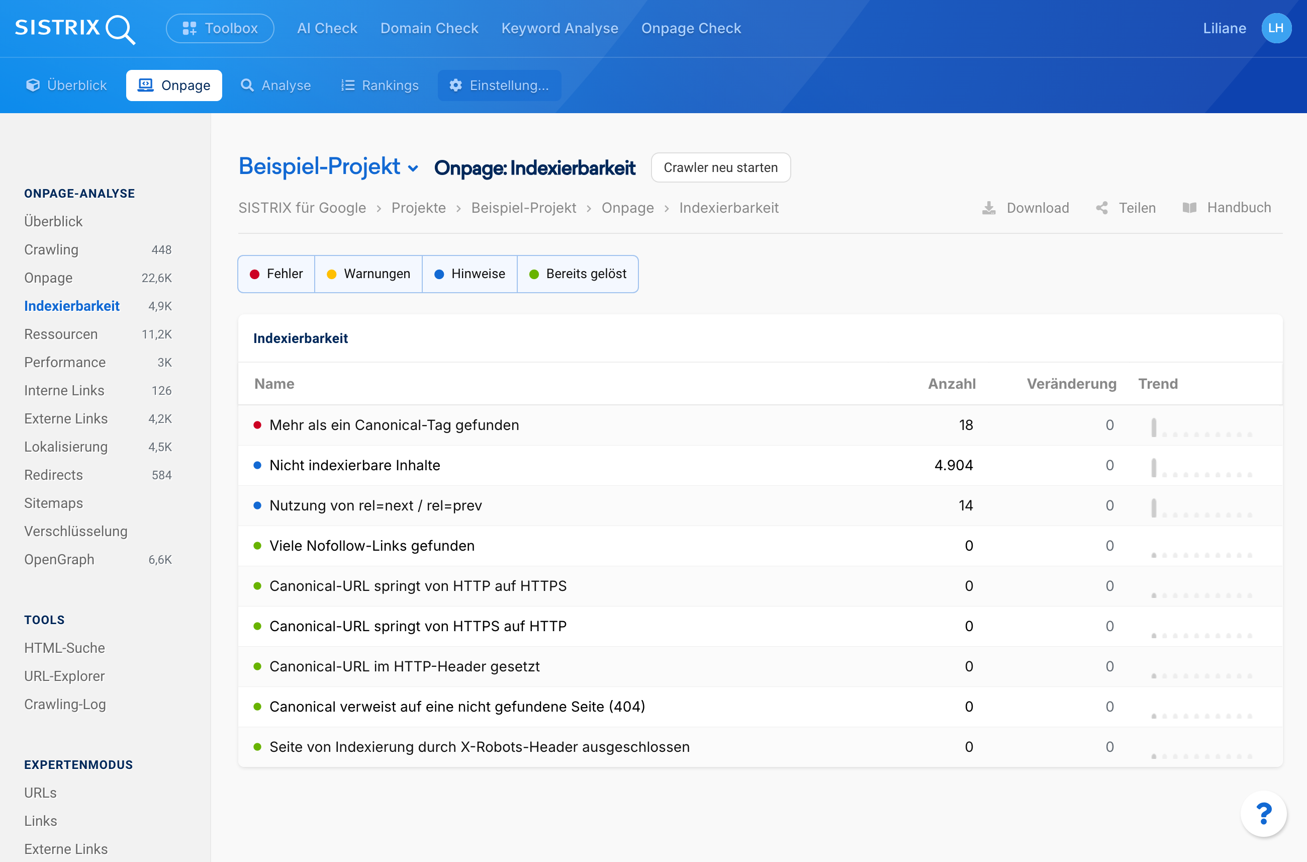Übersicht der Indexierbarkeit einer Beispiel-Seite, die mehrere Fehlermeldungen für nicht indexierbare Inhalte anzeigt.