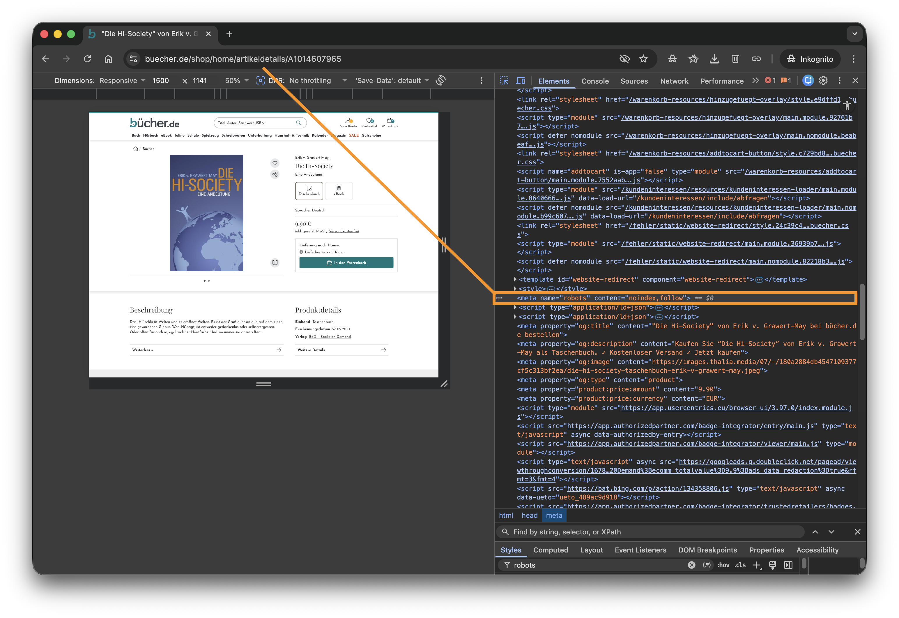 Website buecher.de im Chrome-Browser mit geöffneten DevTools im Elements-Reiter. Im Quellcode ist ein meta-Tag mit dem Inhalt „noindex, follow" hervorgehoben. Die Seite zeigt eine Artikeldetailseite für ein Buch.