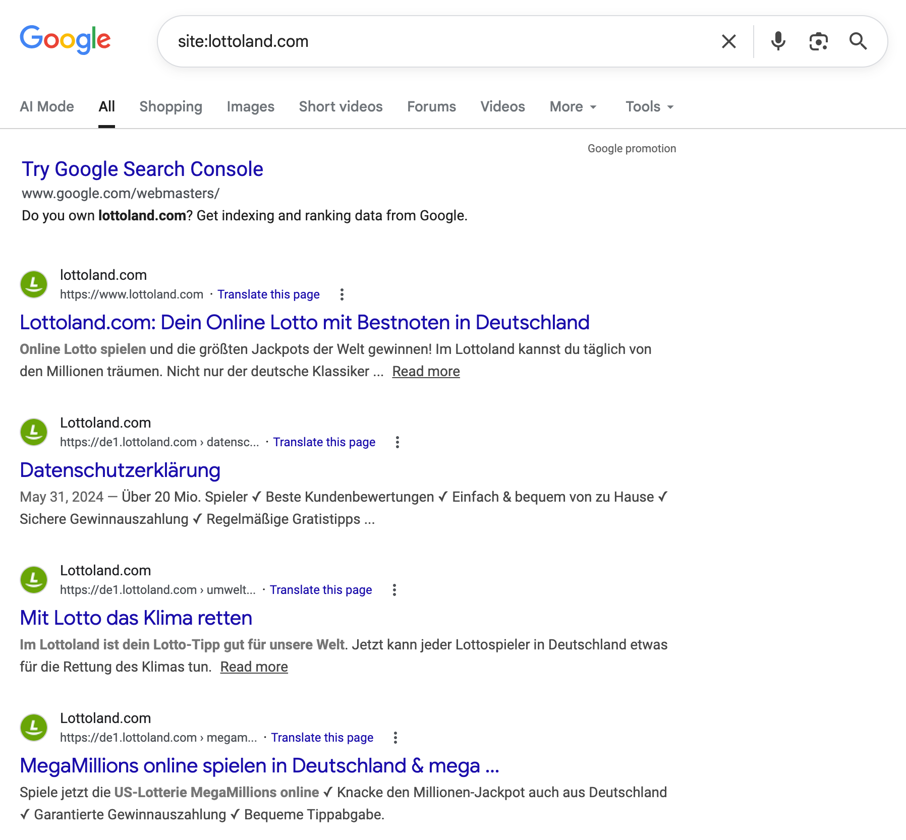 Google-Suchergebnisse für die Abfrage site:lottoland.com aus den USA. Mehrere Seiten von lottoland.com sind indexiert, darunter die Startseite, eine Datenschutzerklärung und Unterseiten wie „Mit Lotto das Klima retten" und „MegaMillions".