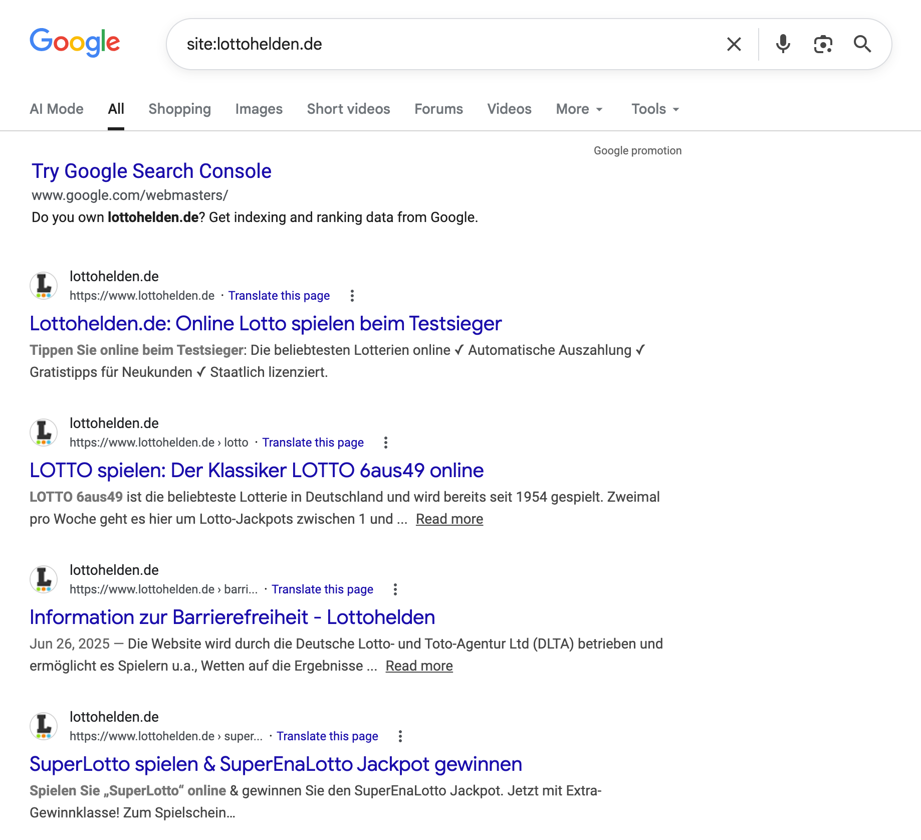 Google-Suchergebnisse für die Abfrage site:lottohelden.de aus den USA. Mehrere Seiten sind indexiert, darunter Angebote wie SonntagsLotto, Cash4Life und LOTTO 6aus49.
