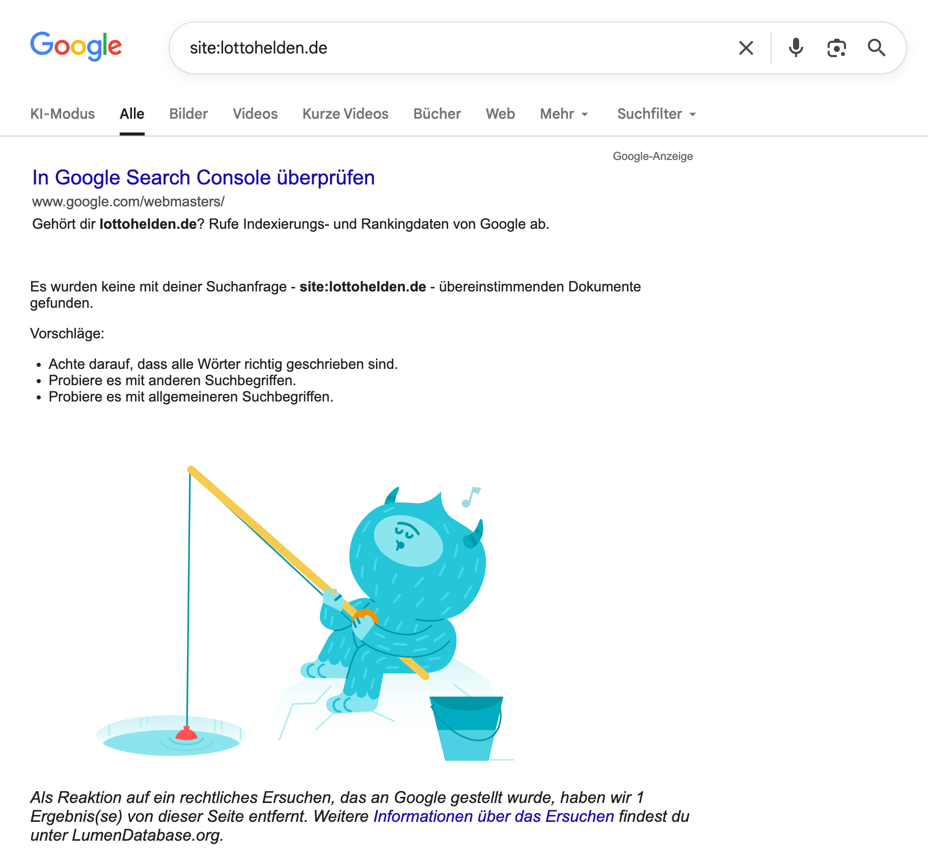 Google-Suchergebnisse für die Abfrage site:lottohelden.de aus Deutschland. Keine Ergebnisse gefunden. Google zeigt den Hinweis, dass keine übereinstimmenden Dokumente vorhanden sind, sowie einen Verweis auf ein rechtliches Ersuchen über die Lumen Data Base.