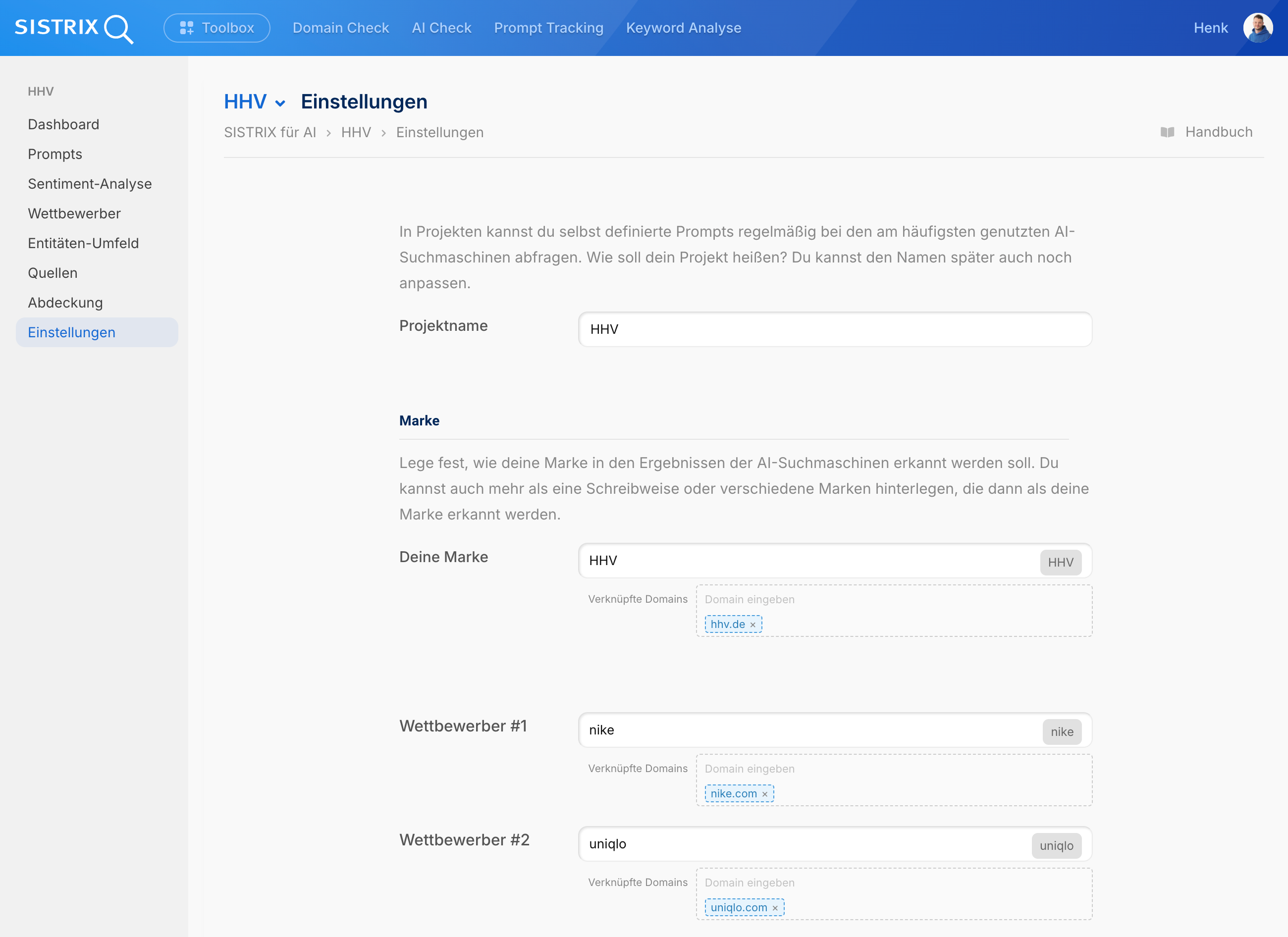SISTRIX Einstellungen für HHV-Projekt: Projektname, Marke HHV mit verknüpfter Domain hhv.de und Wettbewerber nike und uniqlo