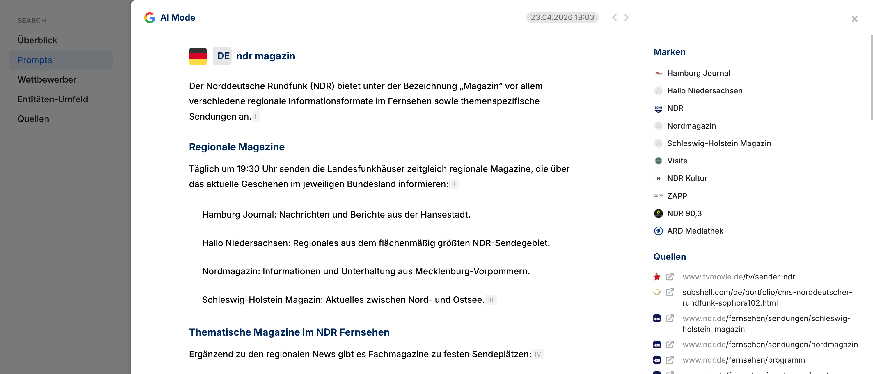 SISTRIX AI Mode Antwort zu "ndr magazin": Beschreibung der NDR-Regionalmagazine wie Hamburg Journal und Hallo Niedersachsen mit Marken-Liste und Quellen-Links rechts