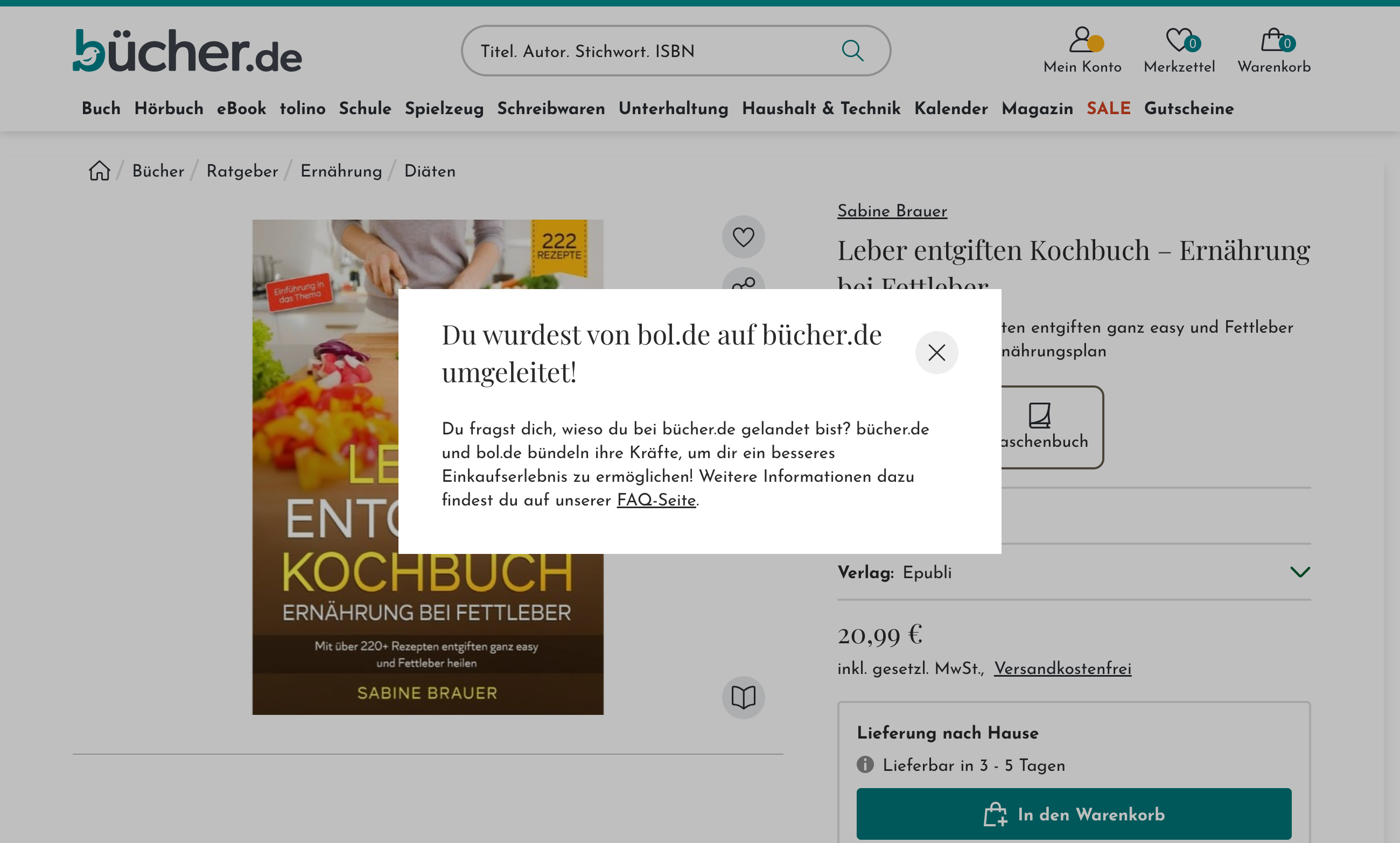 Website buecher.de mit einer Artikeldetailseite. Ein Overlay-Hinweis informiert: „Du wurdest von bol.de auf bücher.de umgeleitet!" mit Verweis auf die FAQ-Seite zur Zusammenlegung beider Shops.
https://www.bol.de/shop/home/artikeldetails/A1064026302 → https://www.buecher.de/shop/home/artikeldetails/A1064026302#bol