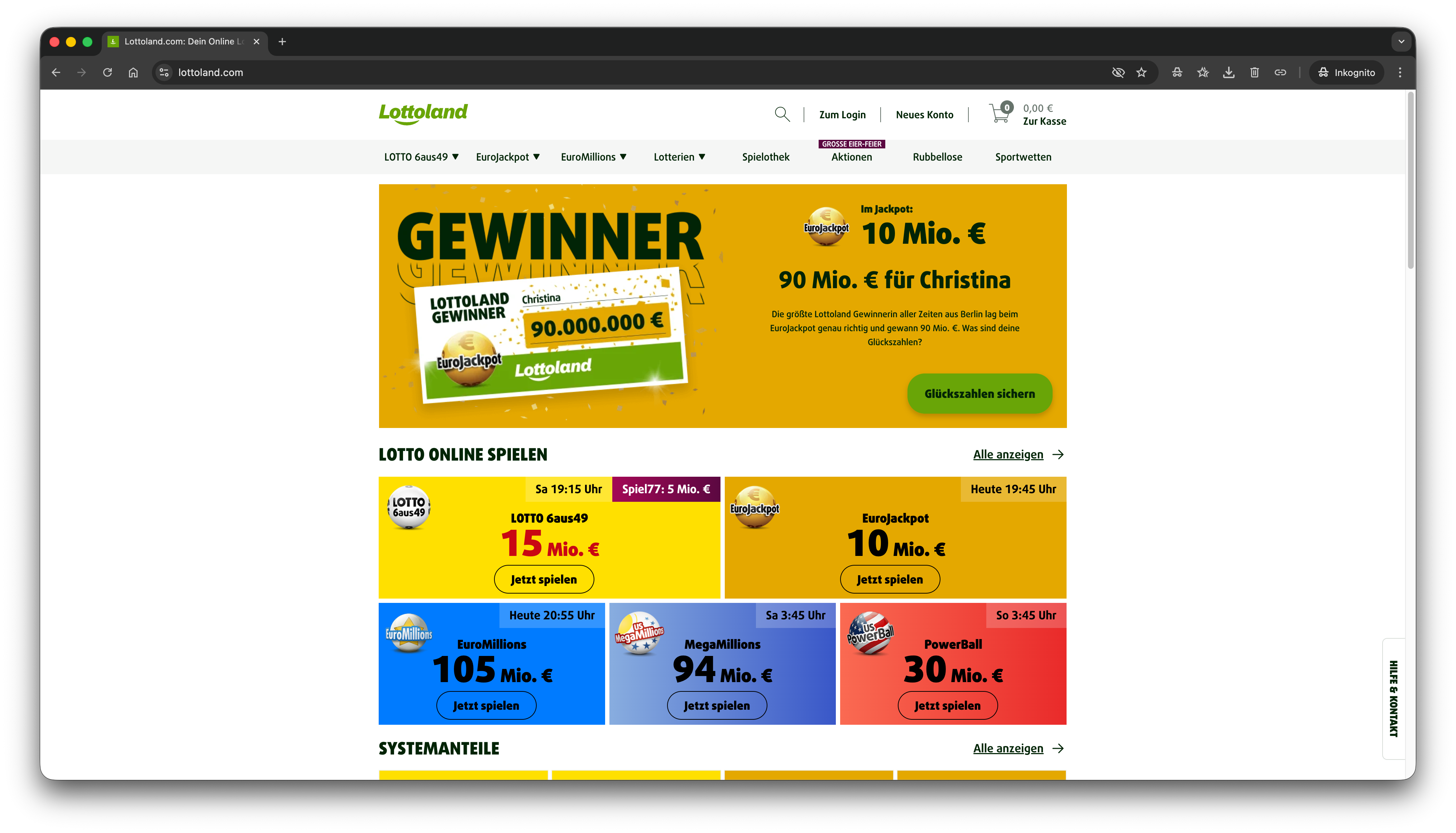 Website lottoland.com. Die Startseite zeigt Lotto-Angebote wie LOTTO 6aus49, Eurojackpot und EuroMillions mit aktuellen Jackpot-Summen und einem Gewinnerbanner über einen Jackpot von 22,3 Millionen Euro.