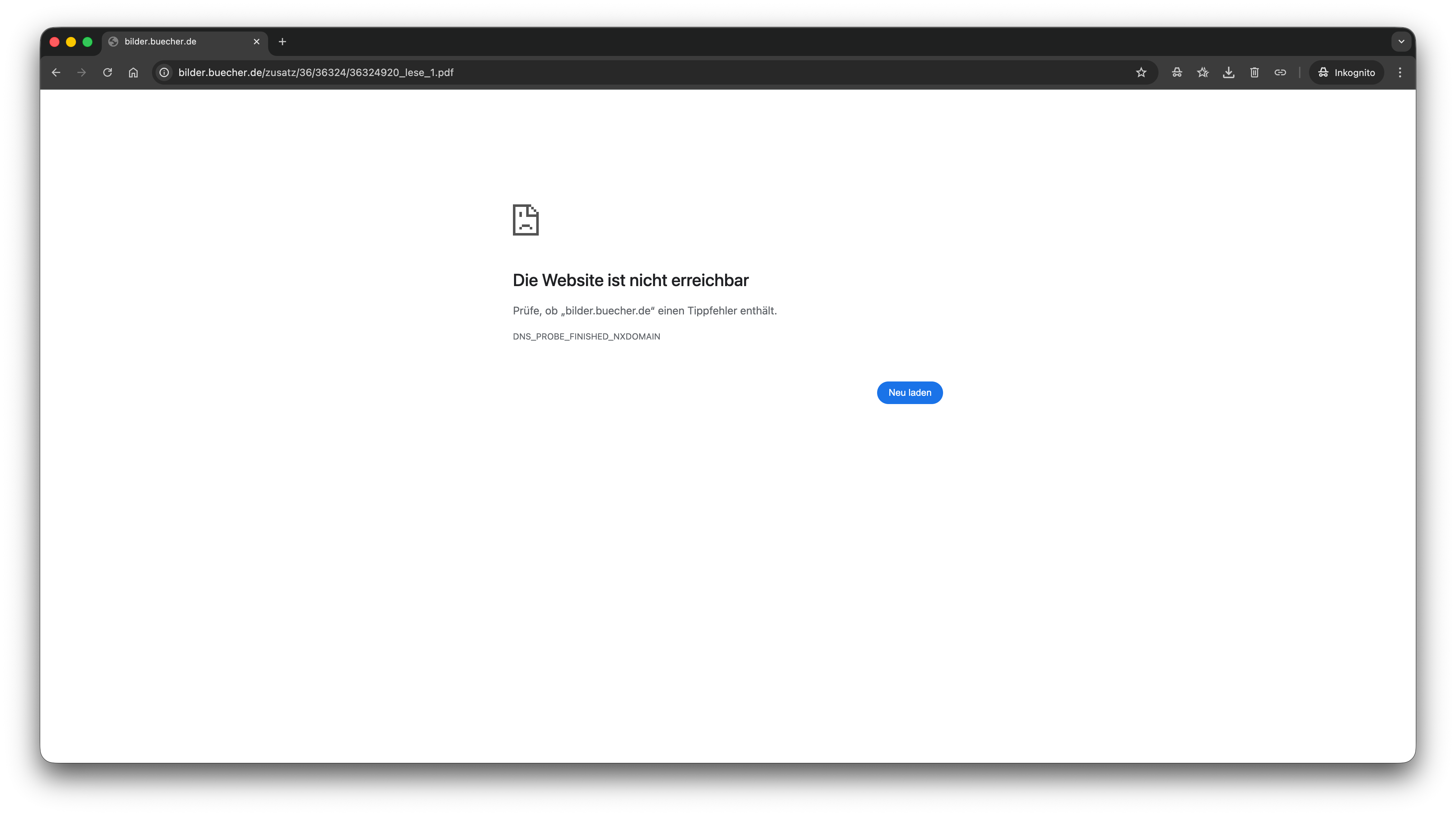 Website bilder.buecher.de im Chrome-Browser mit der Fehlermeldung „Die Website ist nicht erreichbar" und dem Fehlercode DNS_PROBE_FINISHED_NXDOMAIN. Die Subdomain für Leseproben-PDFs existiert nicht mehr.