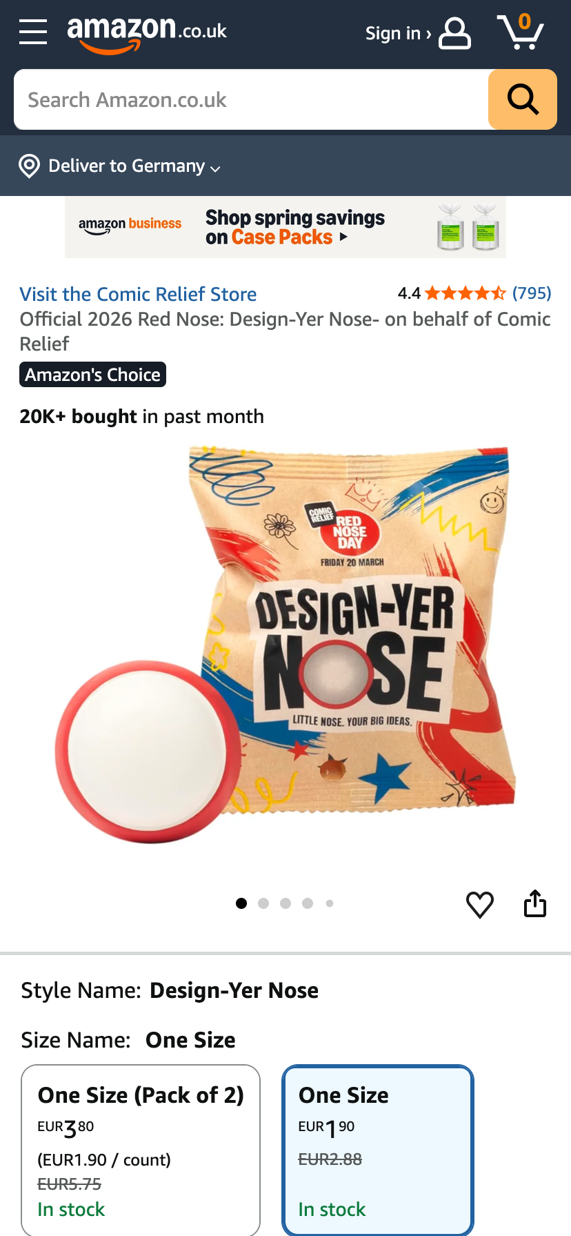 Verkleidungs-Nasen für den Red Nose Day auf Amazon UK mit Amazon's Choice Hinweis und Verkaufszahlen.