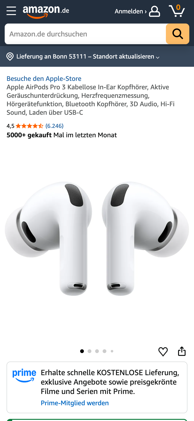Airpods von Apple auf Amazon.de mit einer Verkaufszahl von 5.000+ innerhalb des letzten Monats. 