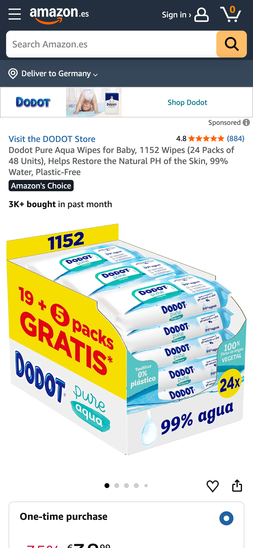 Baby-Feuchttücher von der Marke Dodot auf Amazon Spanien mit Amazon's Choice Hinweis und Verkaufszahlen.