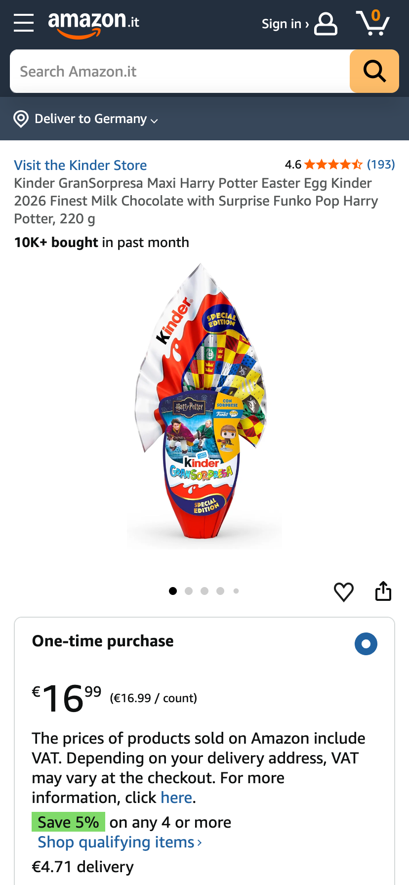 Extra große kinder-Überraschungseier mit “Harry Potter”-Funko-Pop-Figuren auf Amazon Italien mit Verkaufszahlen.